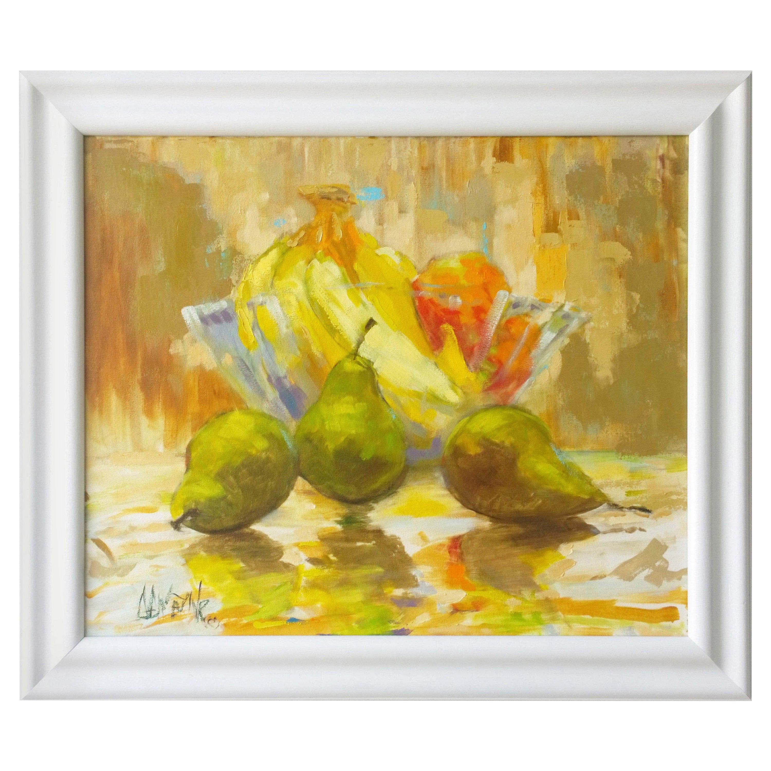 Green, Yellow, Blue, Orange and Red Still Life Oil Painting, Entitled "Pears" For Sale