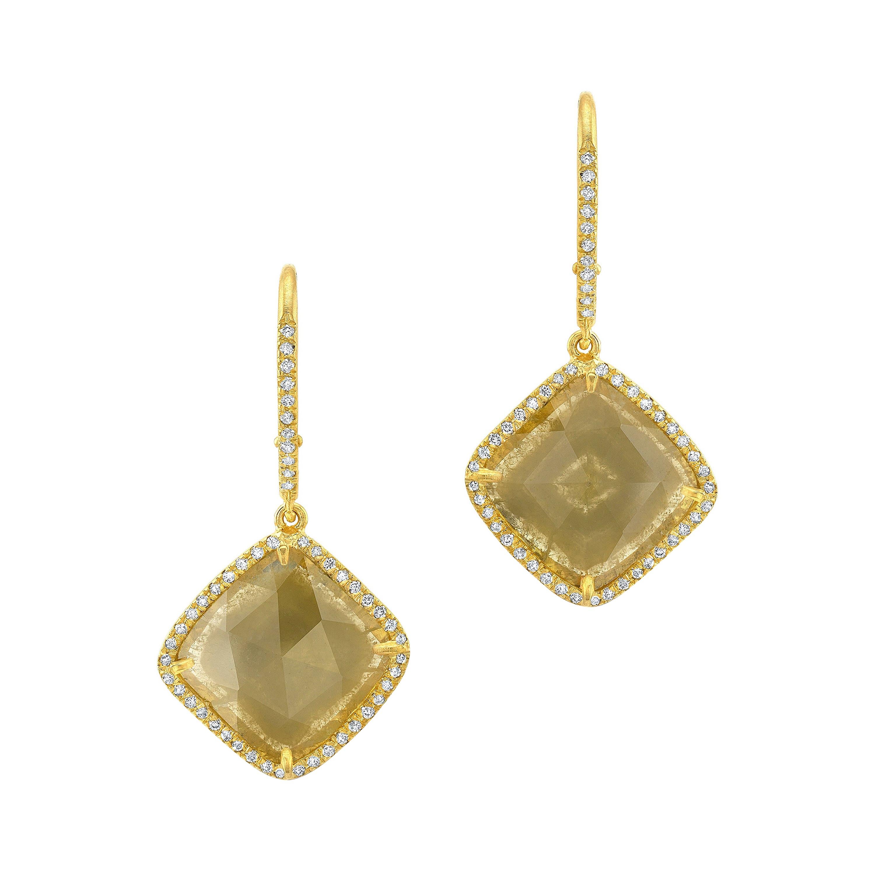 Green Yellow Diamond Slice Earrings with Pave Diamond Halo in 18k Yellow Gold