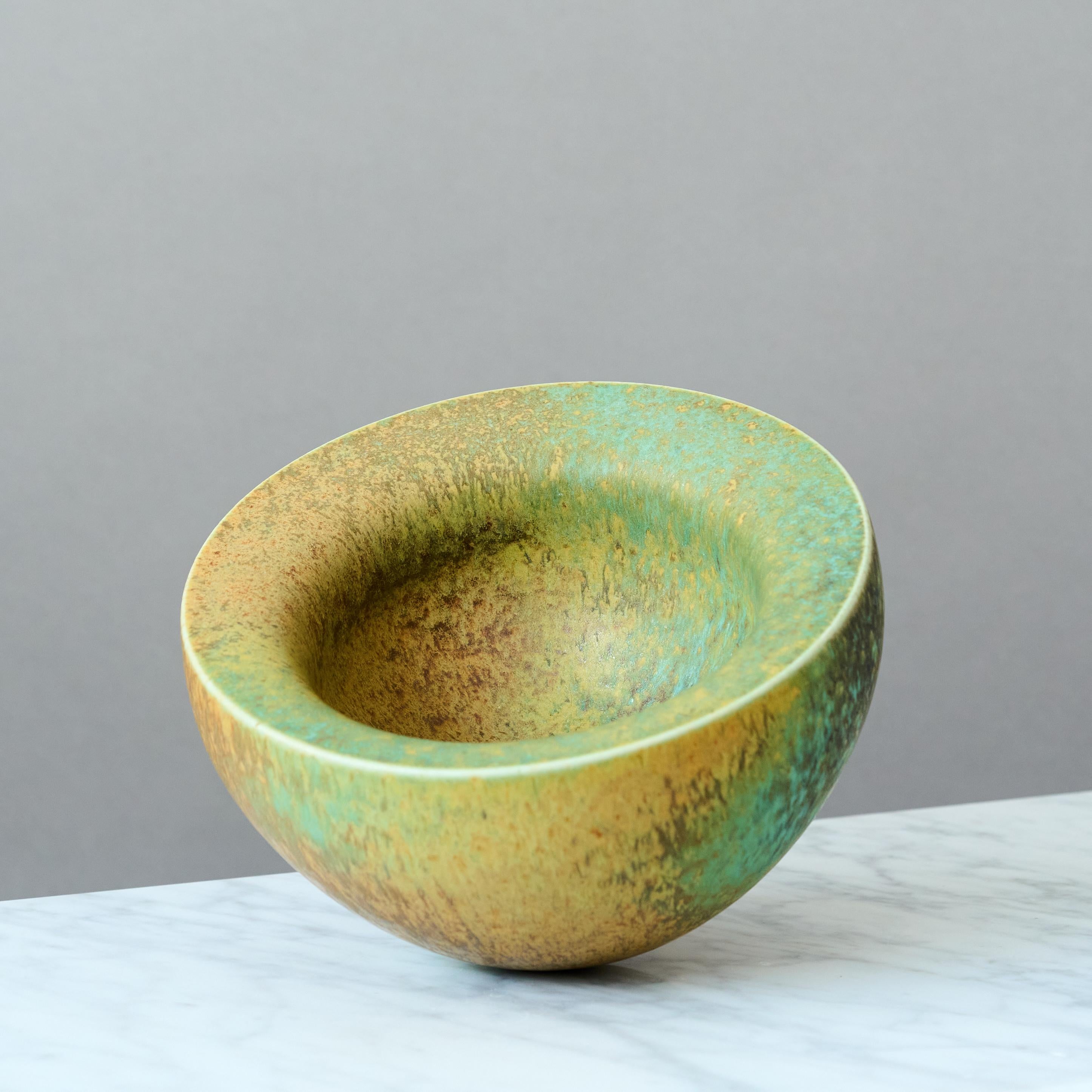 Mid-Century Modern Green & Yellow Double Walled Stoneware Bowl by Kaj Fogelberg, Sweden, 1990s For Sale