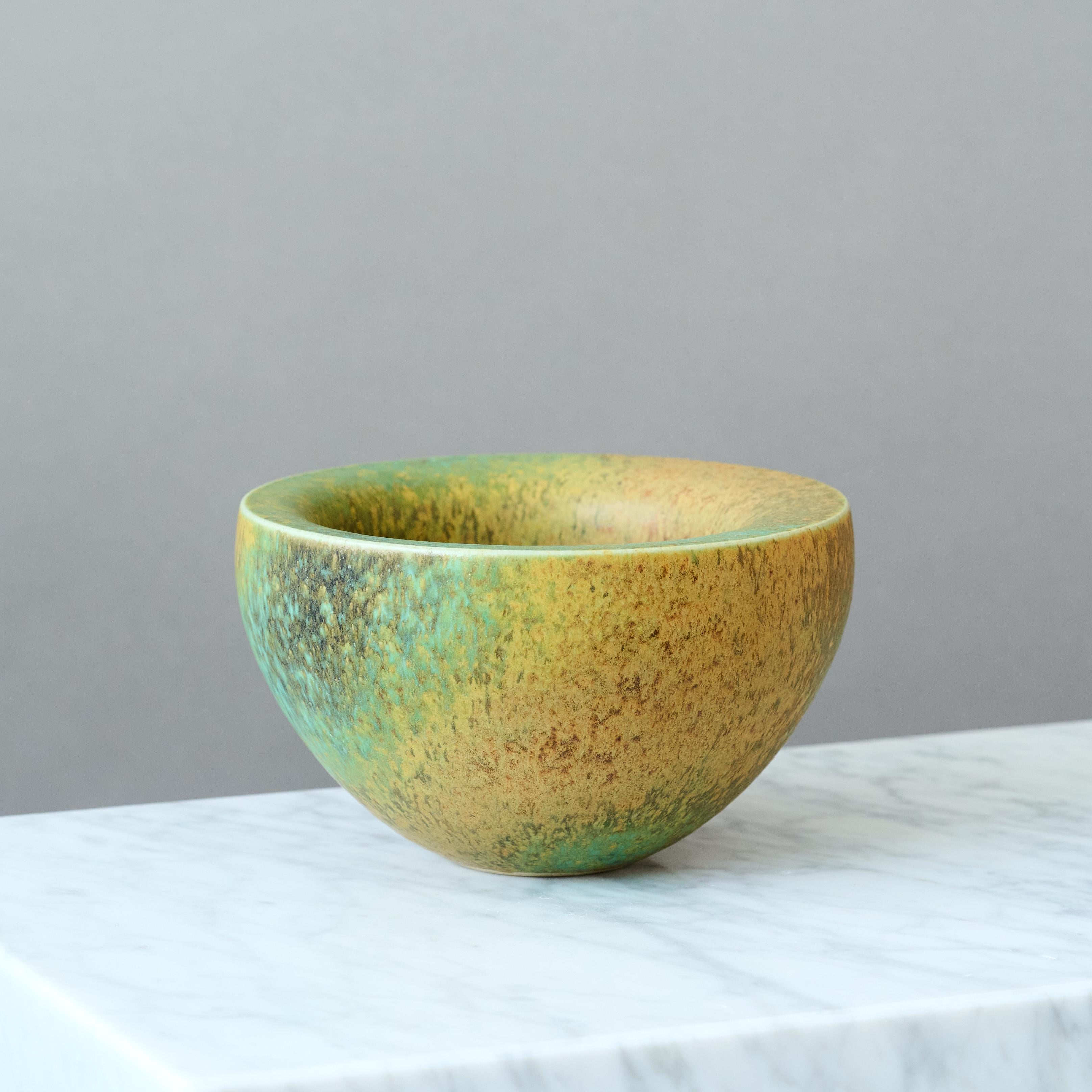 Swedish Green & Yellow Double Walled Stoneware Bowl by Kaj Fogelberg, Sweden, 1990s For Sale