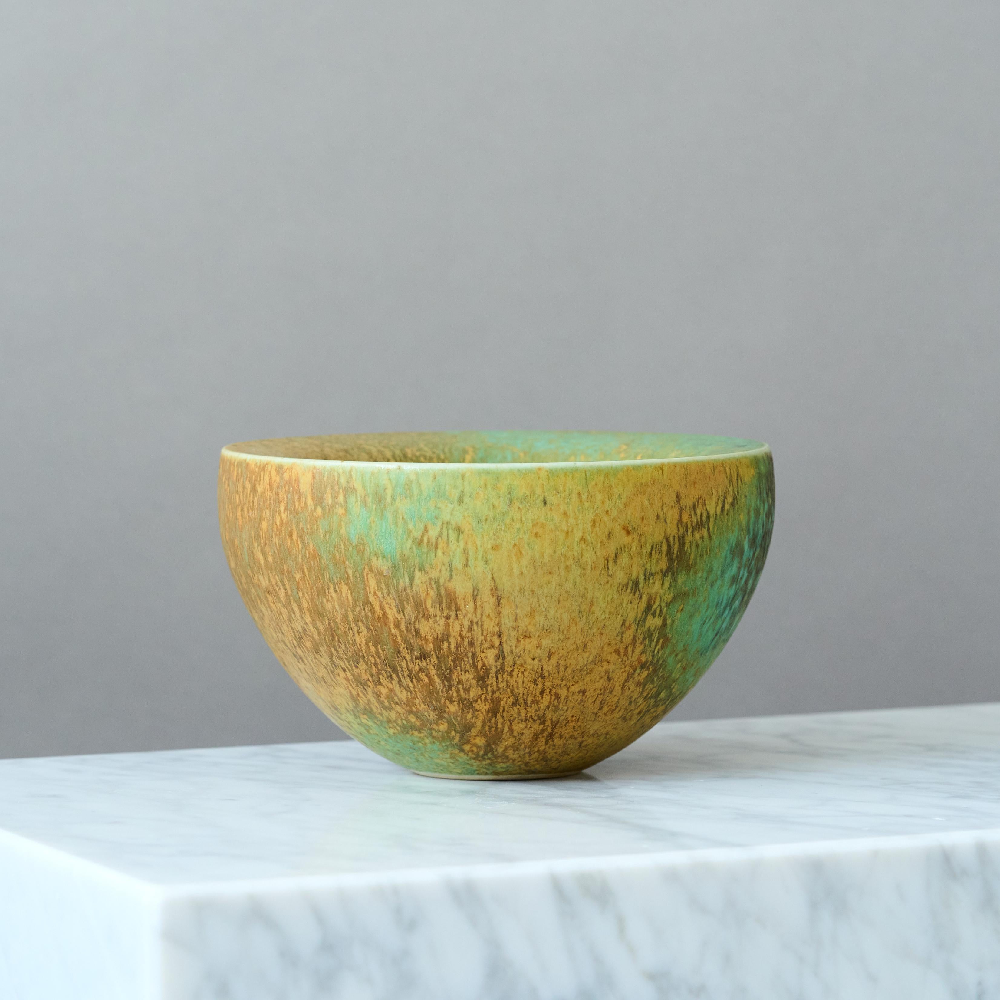 Late 20th Century Green & Yellow Double Walled Stoneware Bowl by Kaj Fogelberg, Sweden, 1990s For Sale