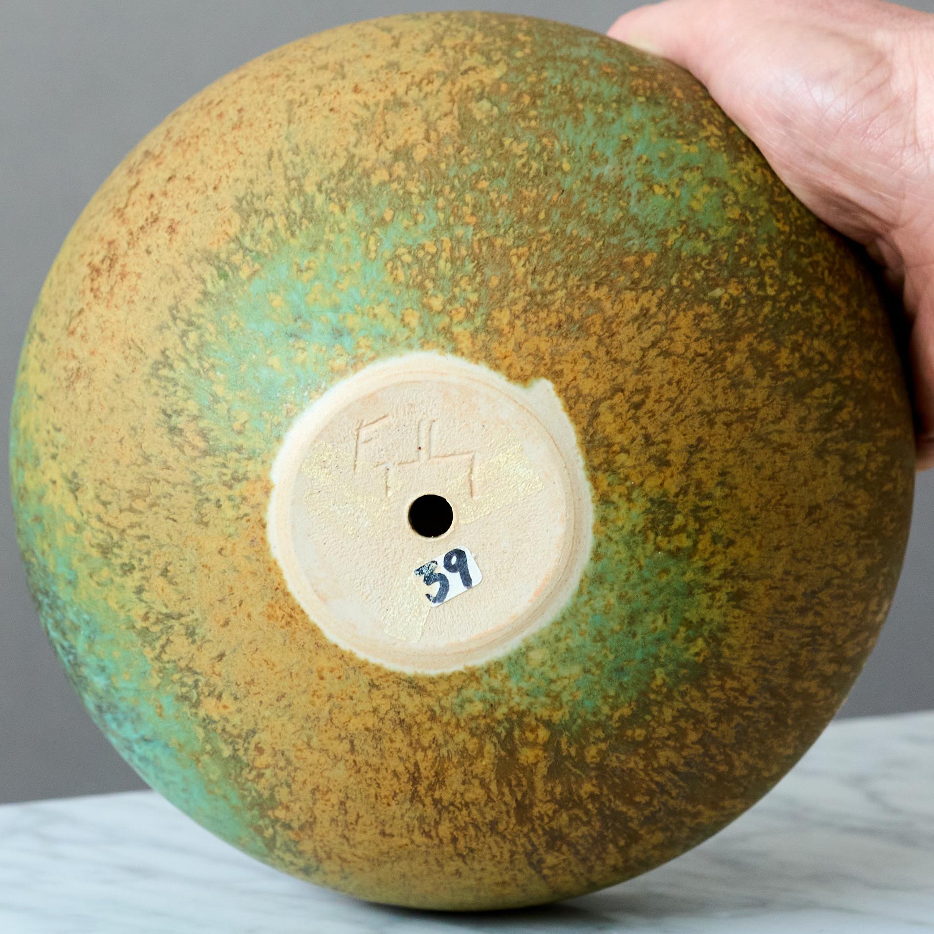 Ceramic Green & Yellow Double Walled Stoneware Bowl by Kaj Fogelberg, Sweden, 1990s For Sale