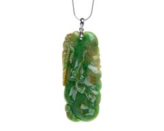 Green/Yellow Jadeite Jade Pendant Lotus Leaf and Goldfish, Certified Untreated