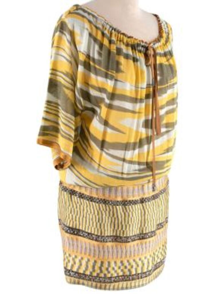 Missoni Green & Yellow Patterned and Embellished Dress
 
 - Short sleeve mesh beach cover up with drawstring tied neckline 
 - Yellow, green and white camouflage style pattern
 - Fitted lower half with rows of coloured embellishments 
 - Silk lined