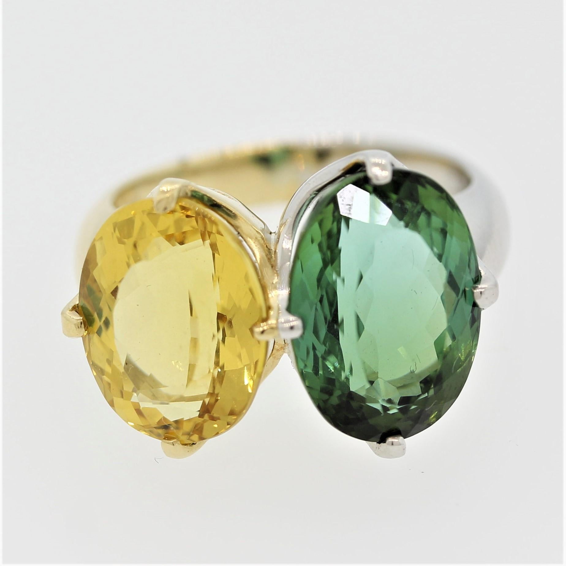 A special ring featuring two gem quality tourmalines, one green and the other yellow. Both cut as oval shapes the green tourmaline weighs 6.35 carats and is set in platinum while the yellow tourmaline weighs 4.39 carats and is set in 18k yellow