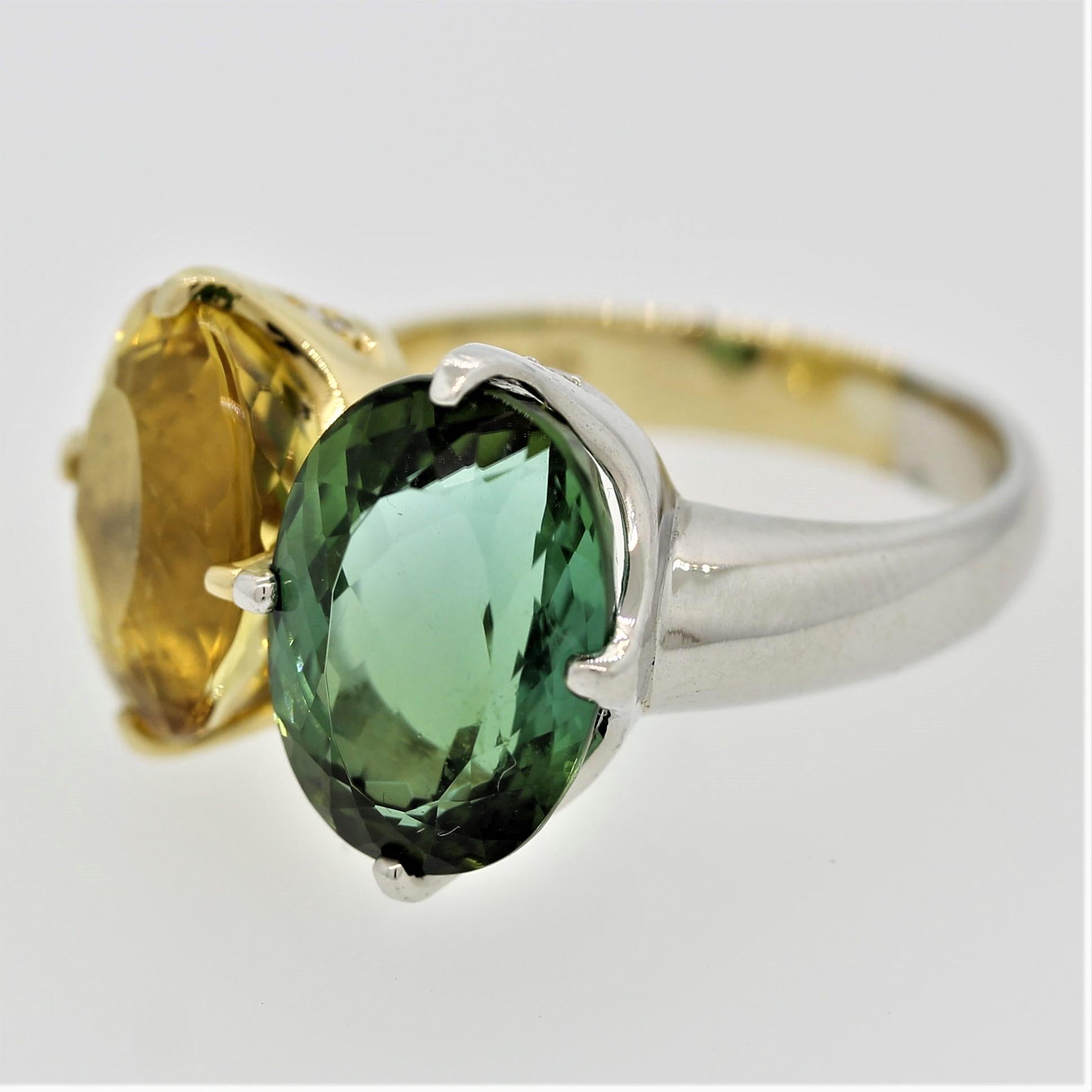 Oval Cut Green and Yellow Tourmaline Diamond Gold and Platinum “Twin” Ring