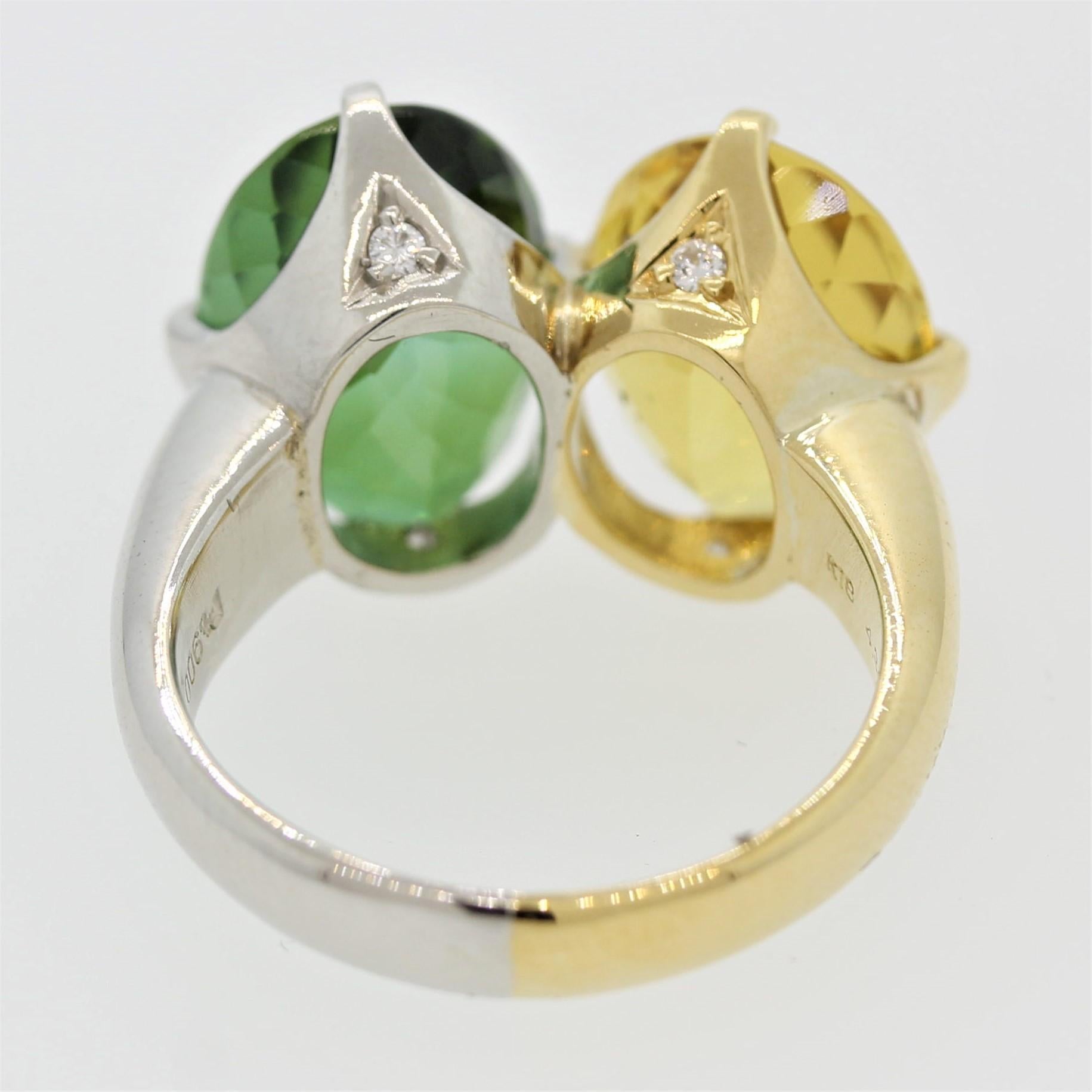 Green and Yellow Tourmaline Diamond Gold and Platinum “Twin” Ring In New Condition In Beverly Hills, CA