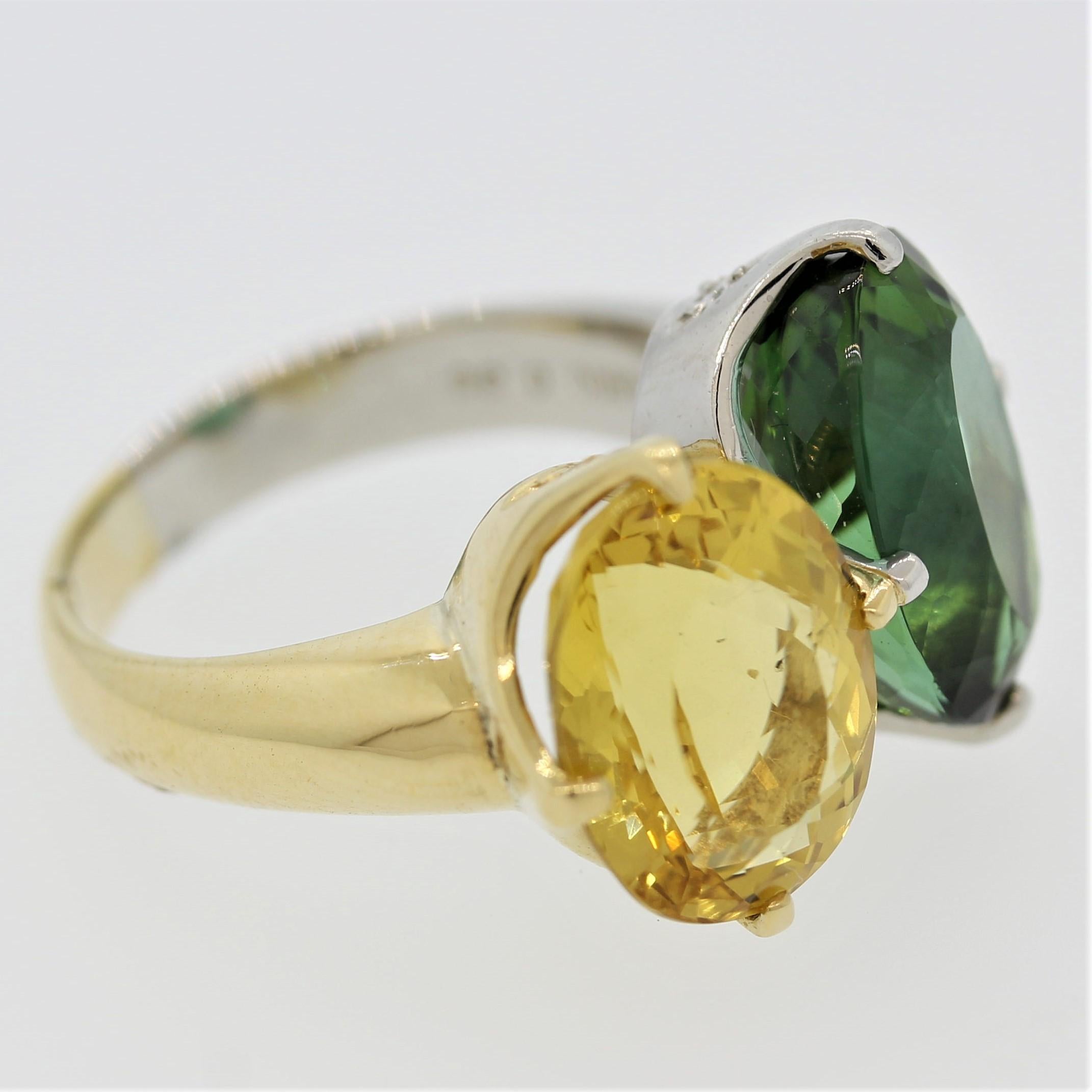 Women's Green and Yellow Tourmaline Diamond Gold and Platinum “Twin” Ring