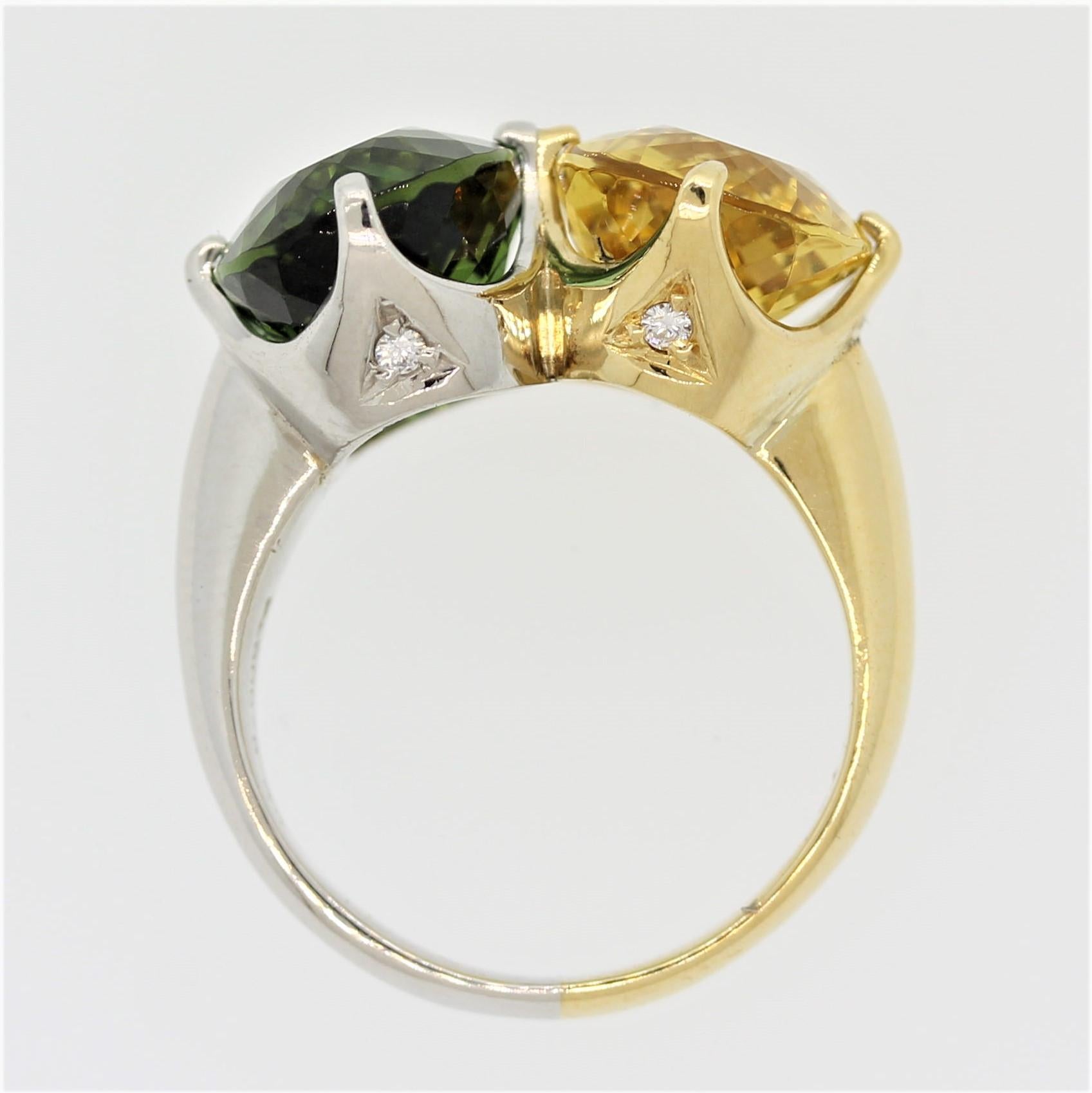 Green and Yellow Tourmaline Diamond Gold and Platinum “Twin” Ring 1