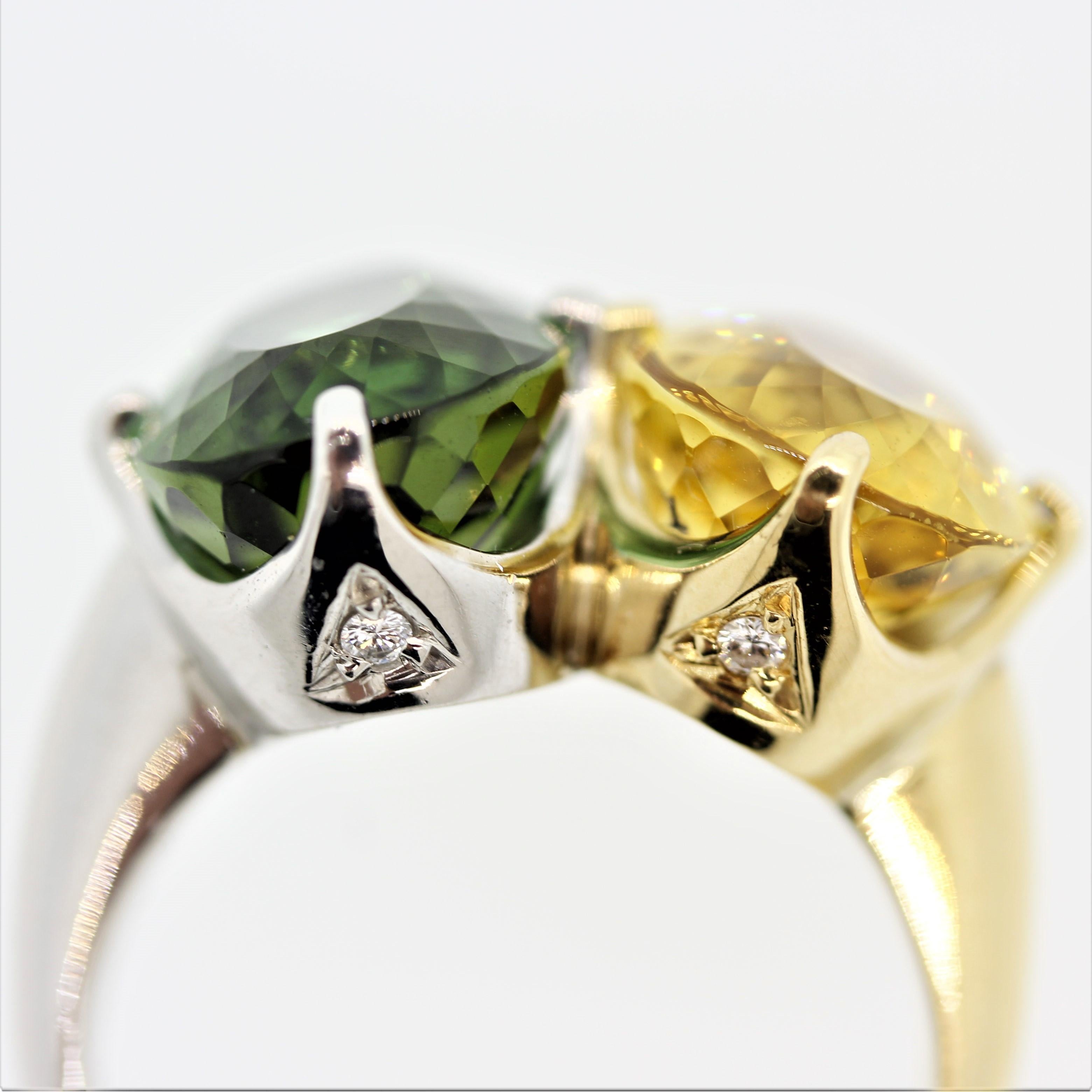 Green and Yellow Tourmaline Diamond Gold and Platinum “Twin” Ring 2