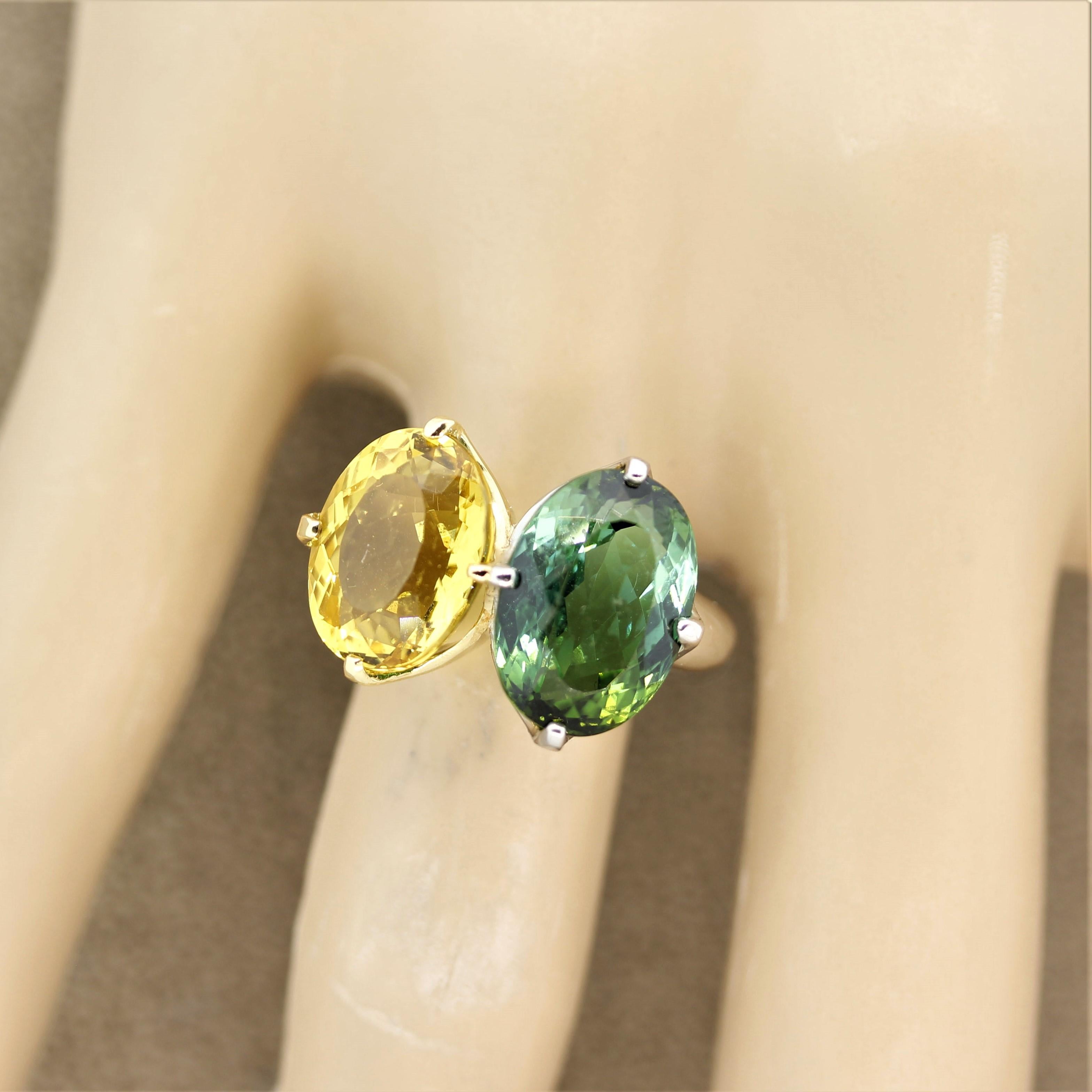 Green and Yellow Tourmaline Diamond Gold and Platinum “Twin” Ring 3