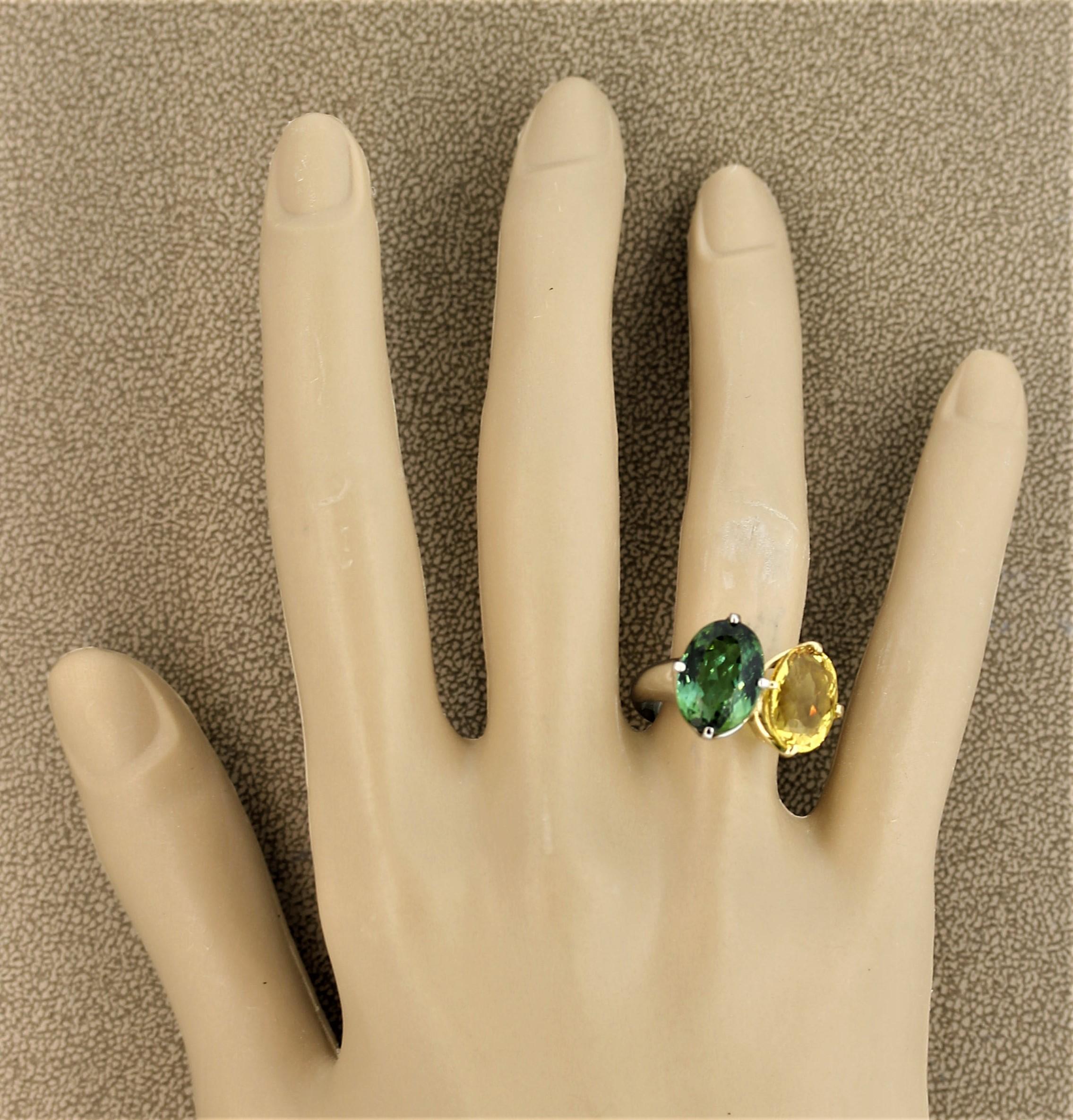 Green and Yellow Tourmaline Diamond Gold and Platinum “Twin” Ring 4