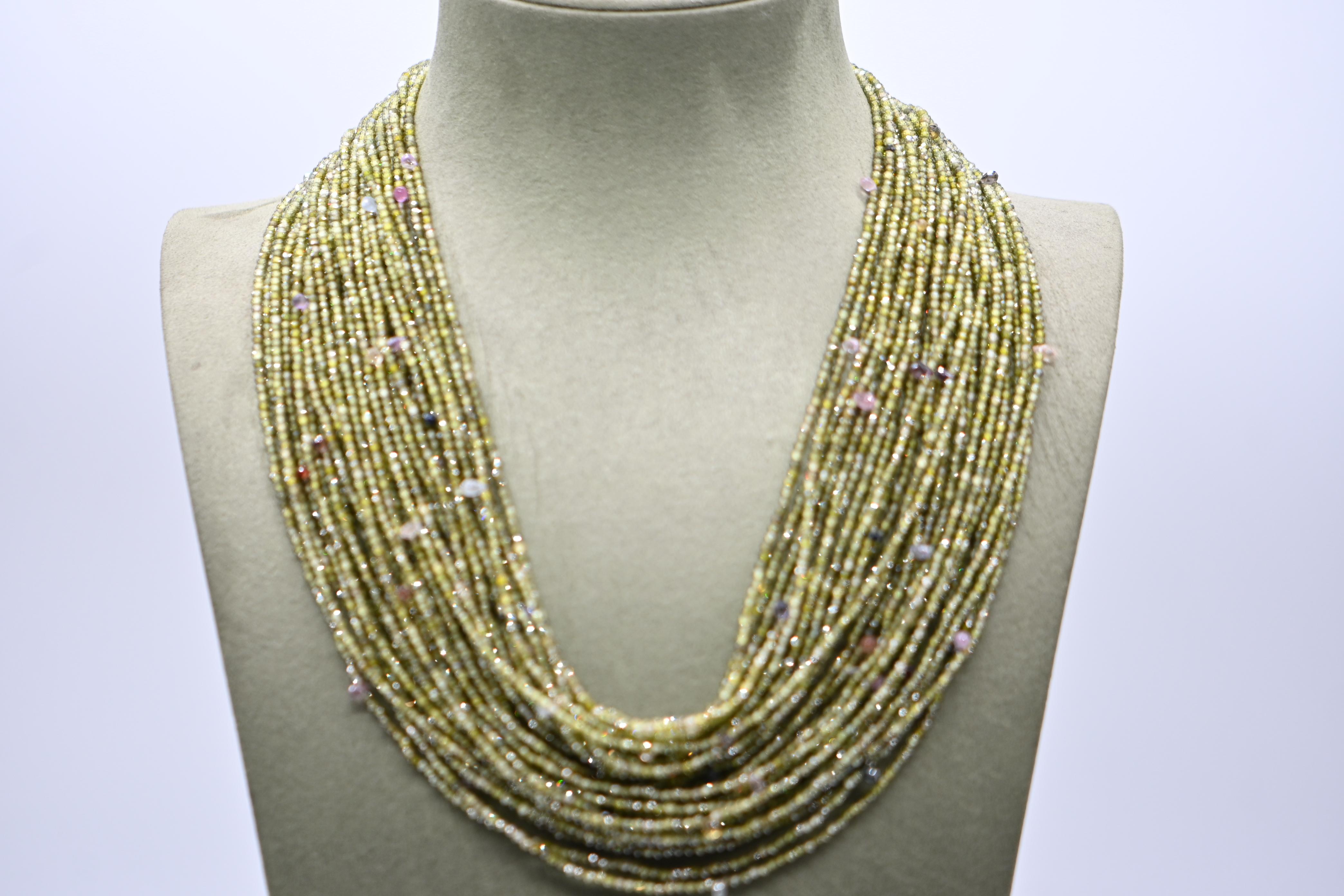 Women's Green Zircon and Sapphire Multi-Rank Necklace with Bakelite Clasp