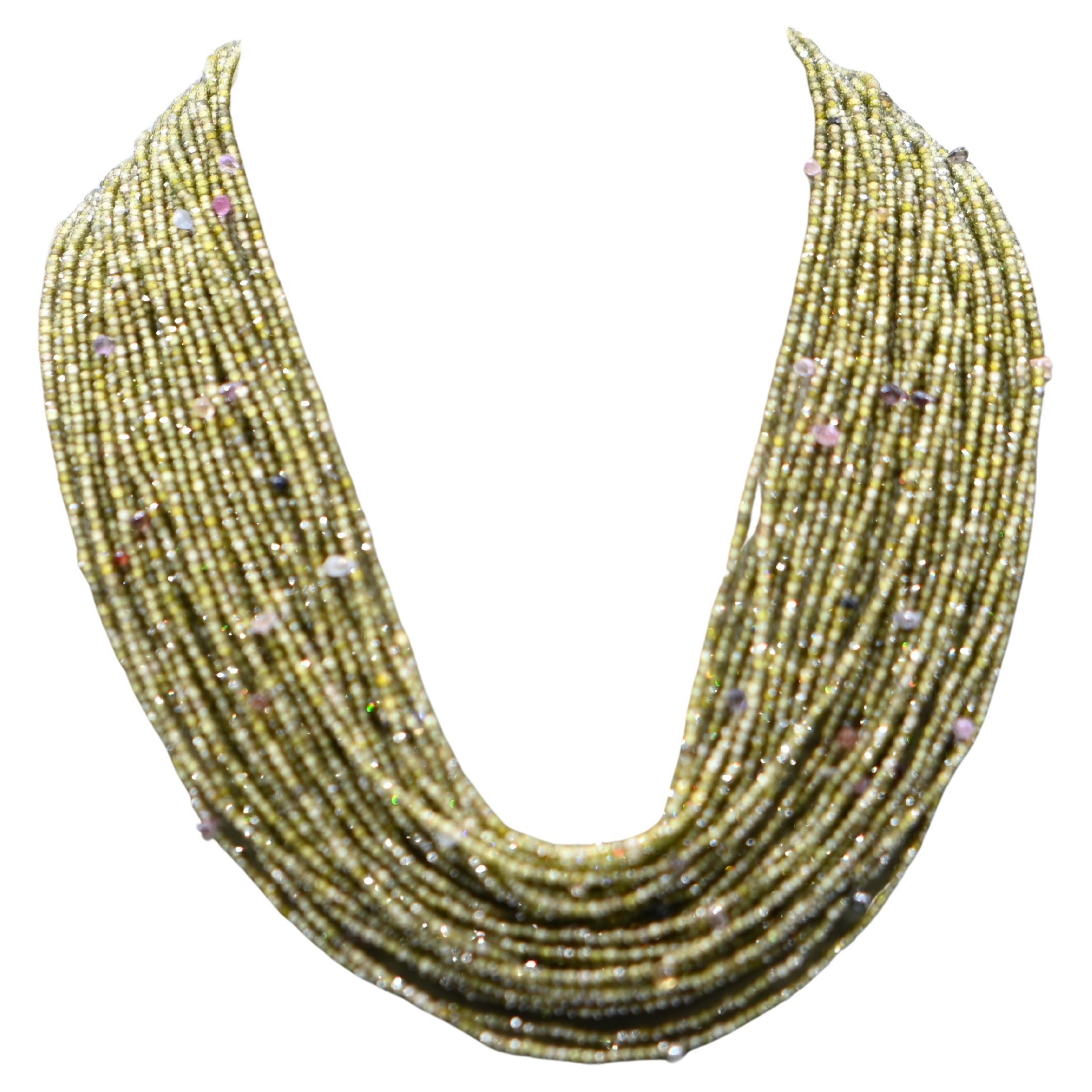 Green Zircon and Sapphire Multi-Rank Necklace with Bakelite Clasp