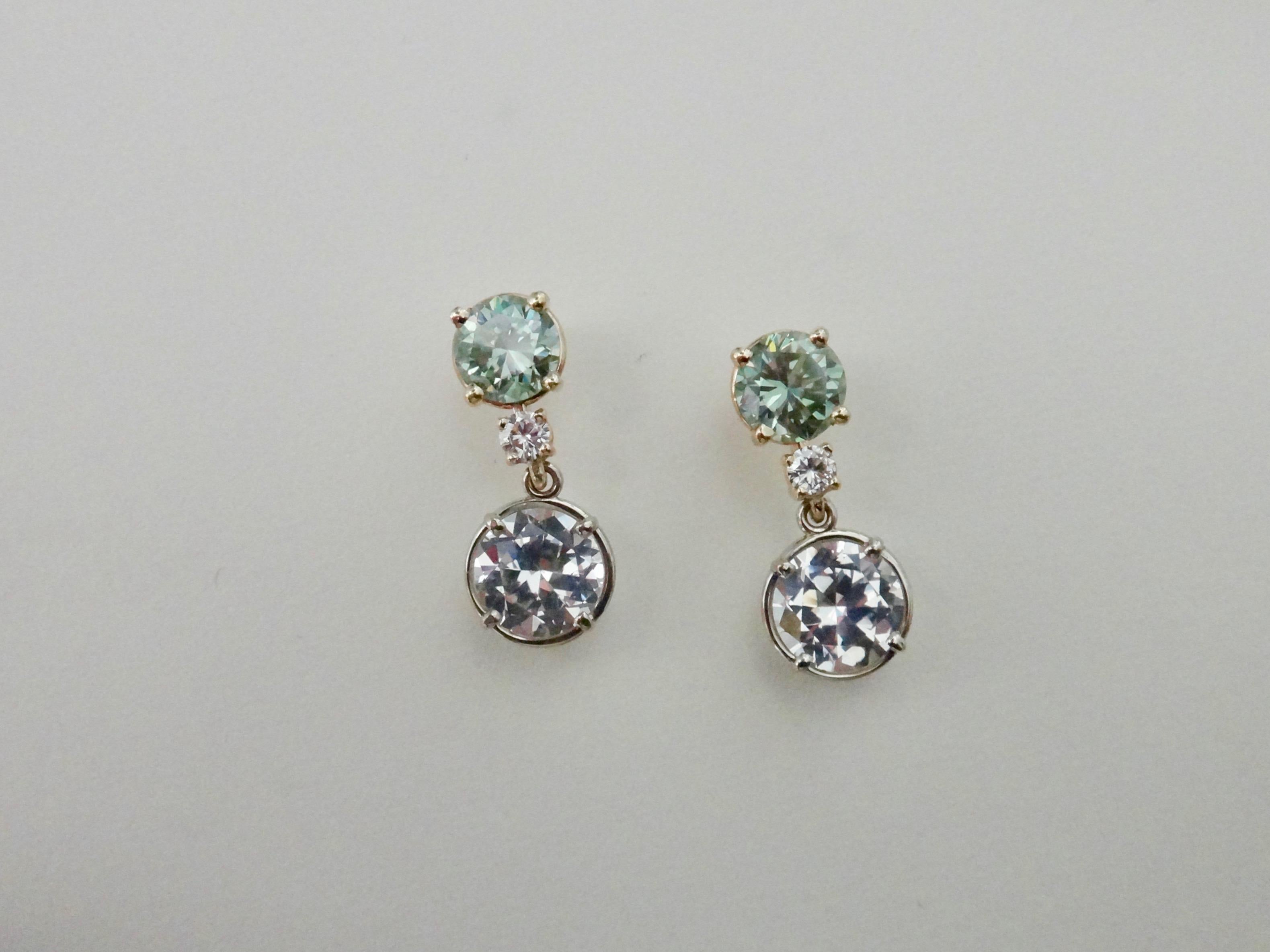 Contemporary Green Zircon White Diamond and White Sapphire Dangle Earrings