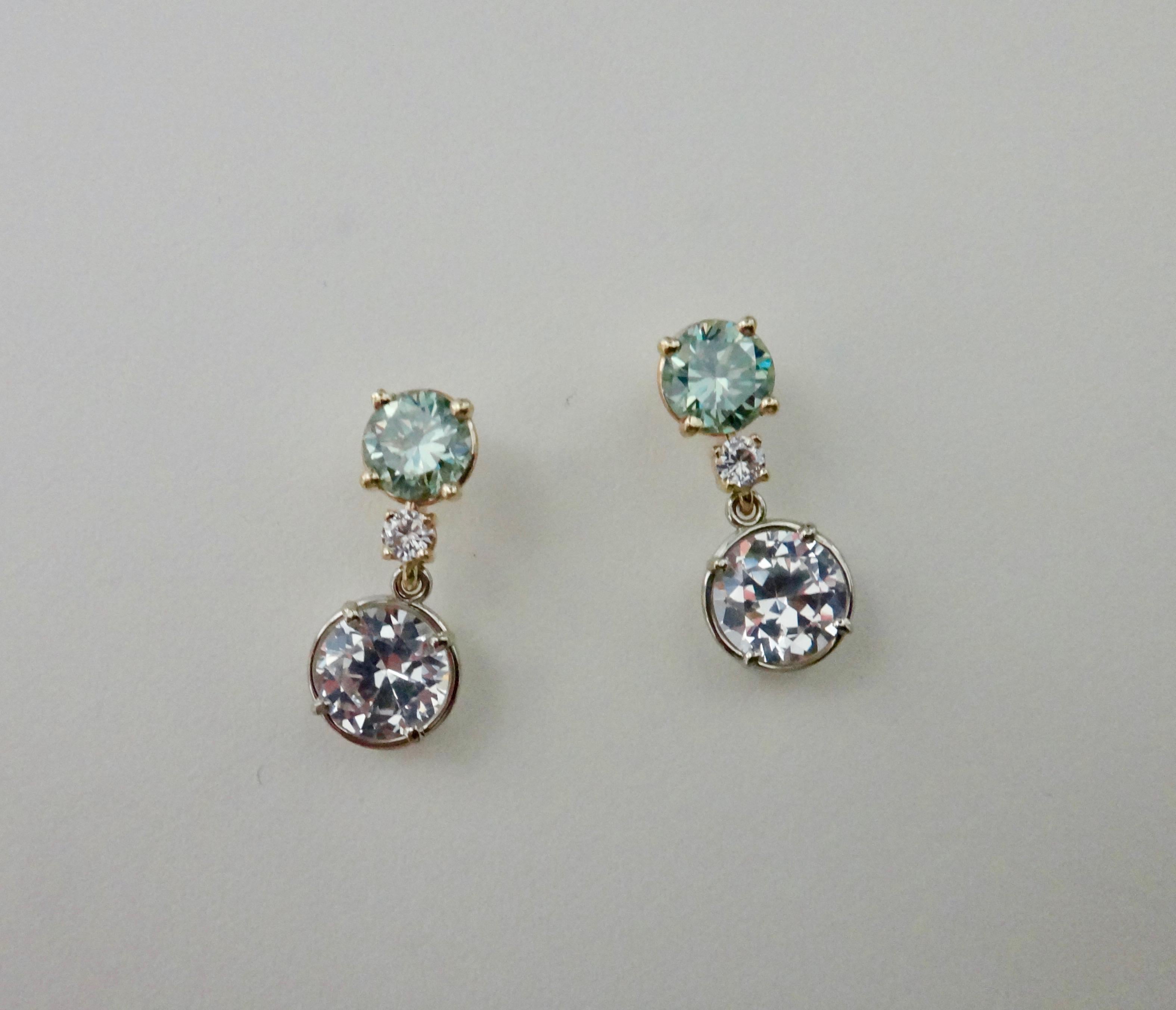 Green Zircon White Diamond and White Sapphire Dangle Earrings In New Condition In Austin, TX