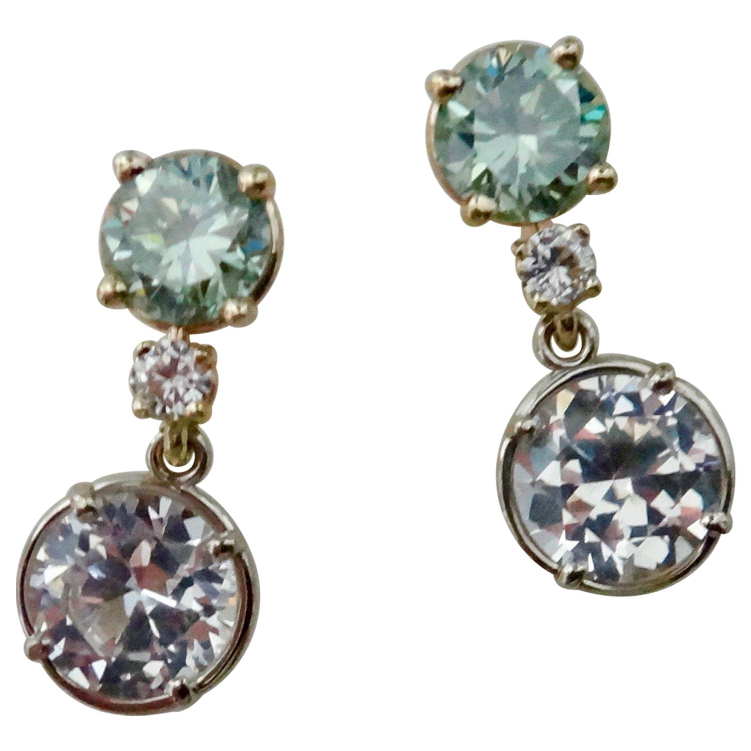 Green Zircon White Diamond and White Sapphire Dangle Earrings