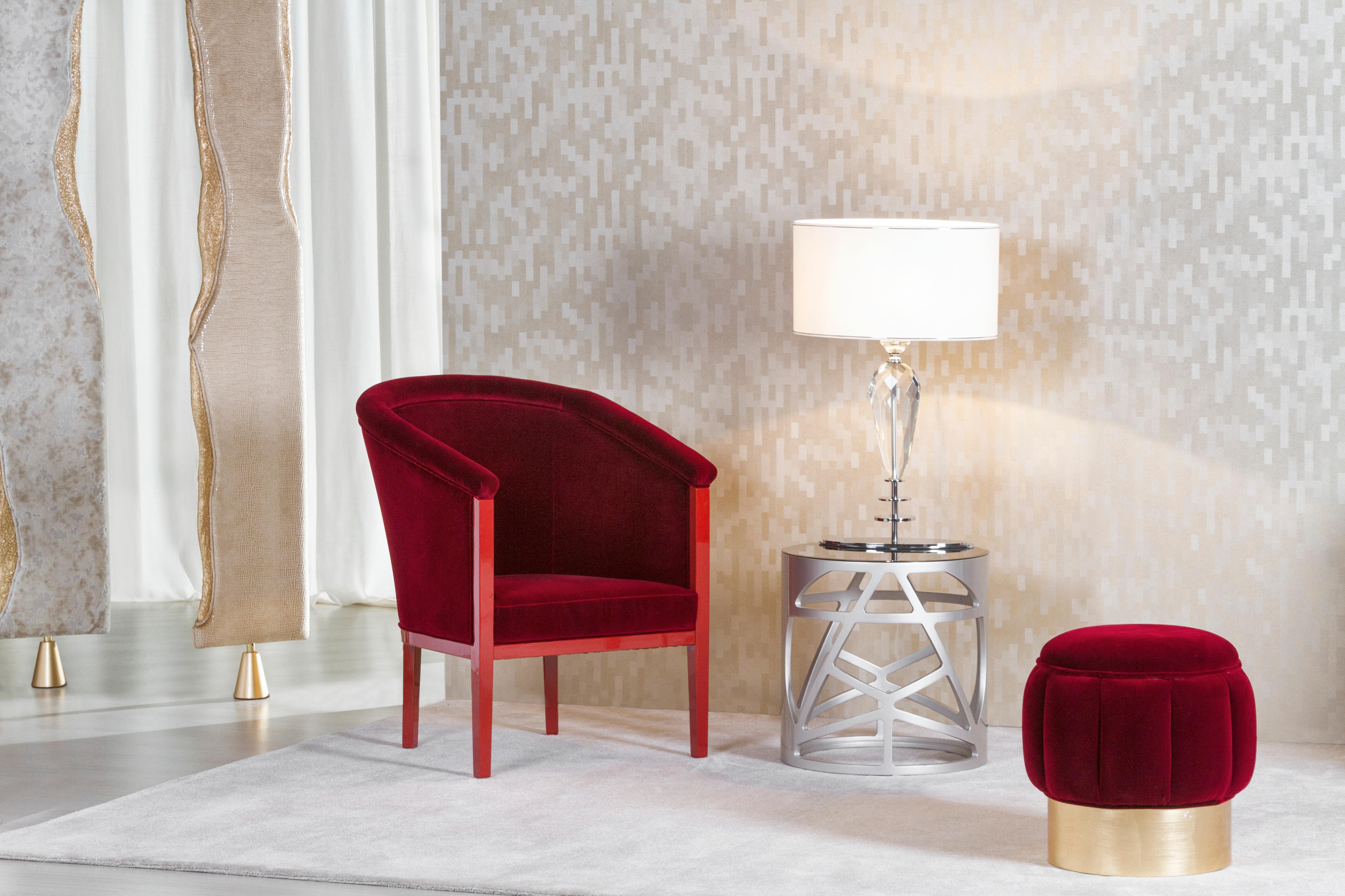 Scarlet Armchair, Contemporary Collection, Handcrafted in Portugal - Europe by Greenapple.

Scarlet puts a modern twist on the traditional armchair.
The sumptuous upholstery in red velvet from Dedar goes together effortlessly with the comfortable