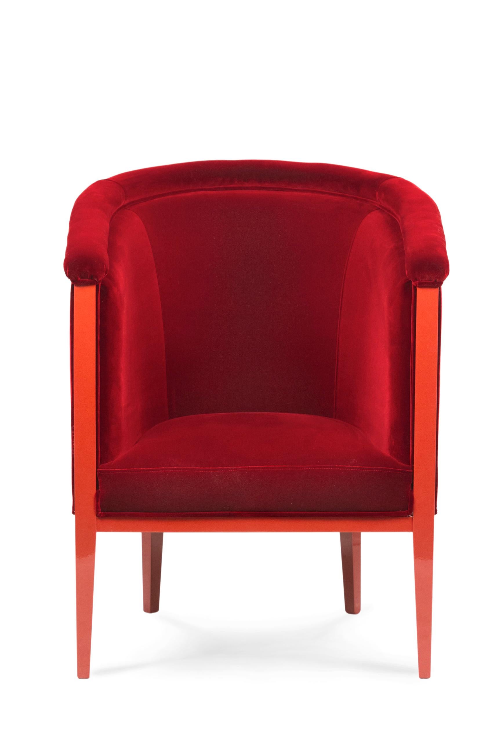Art Deco Scharlachroter Sessel DEDAR Roter Baumwollsamt Handgefertigt Portugal Greenapple (Leder) im Angebot