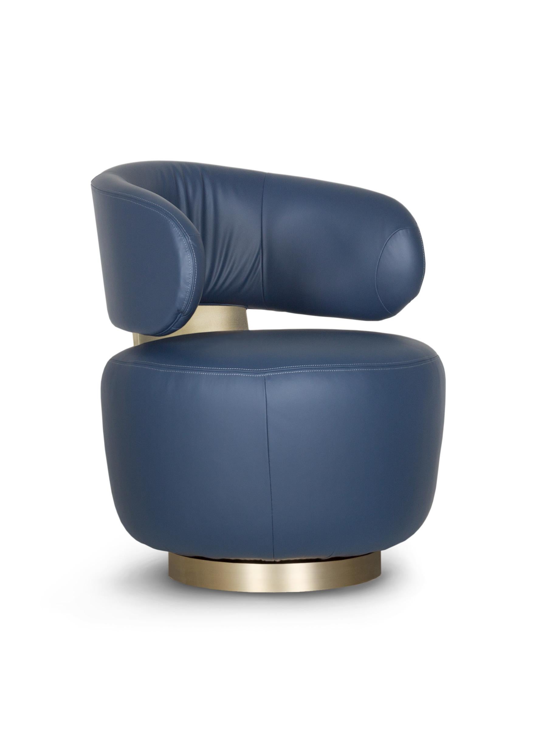 Brass Modern Caju Lounge Chair, Swivel Italian Leather, Handmade Portugal Greenapple For Sale