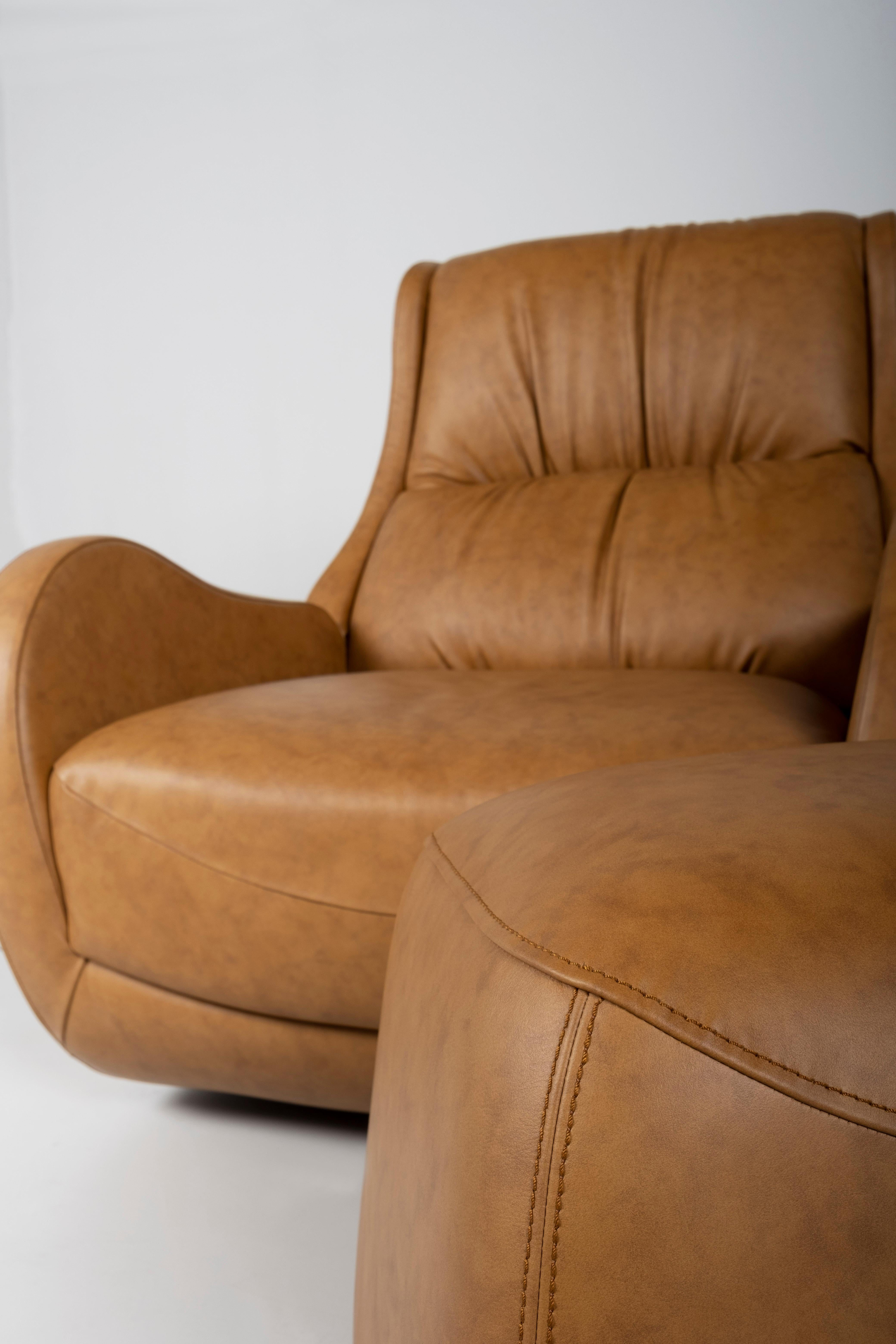 Brass Modern Capelinhos Lounge Chair, Swivel, Leather, Handmade Portugal by Greenapple For Sale