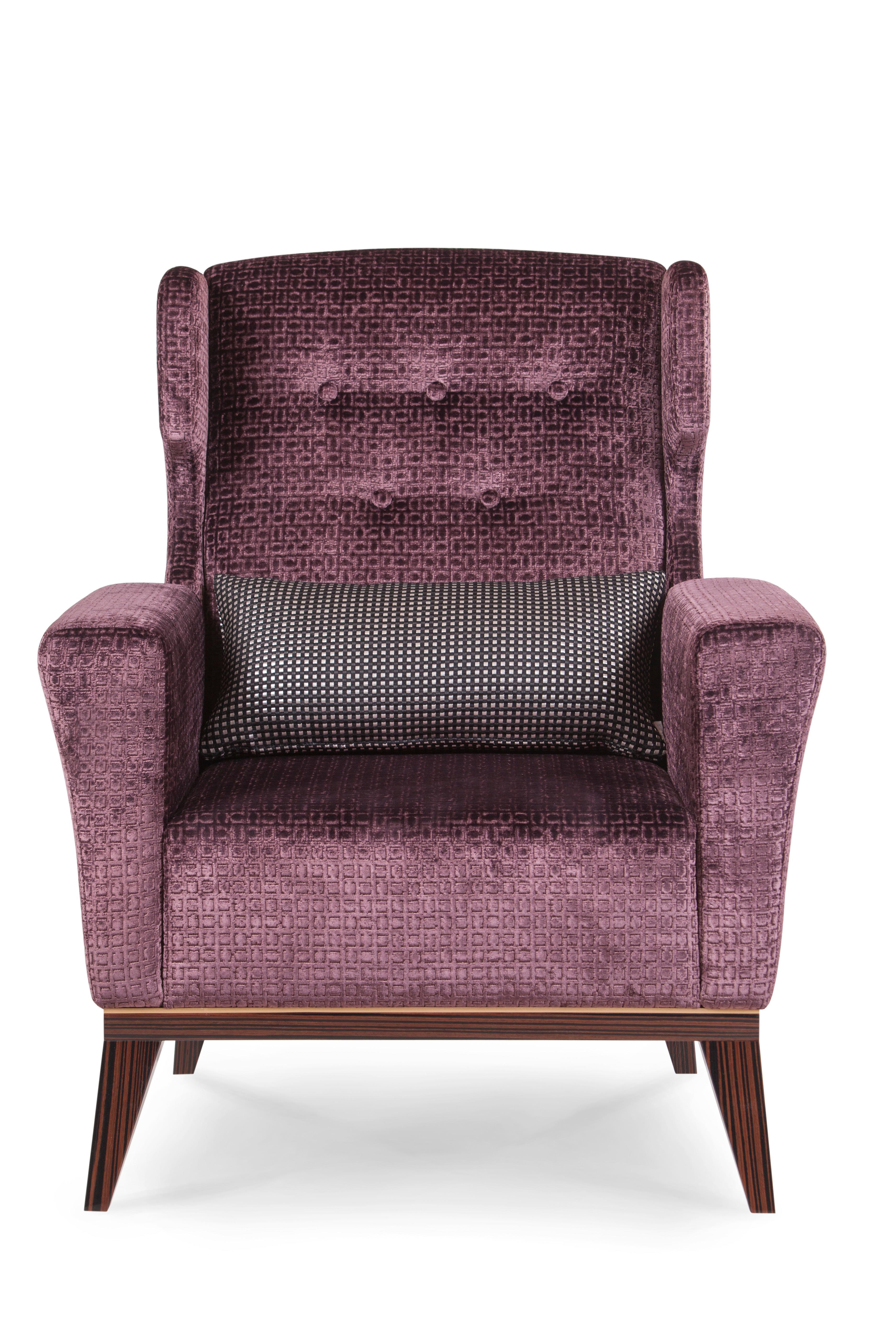 Genebra armchair, Modern Collection, Handcrafted in Portugal - Europe by GF Modern.

The Genebra armchair is designed to give your living room a sophisticated vintage look. The armchair is upholstered in aubergine velvet and lacquered with
