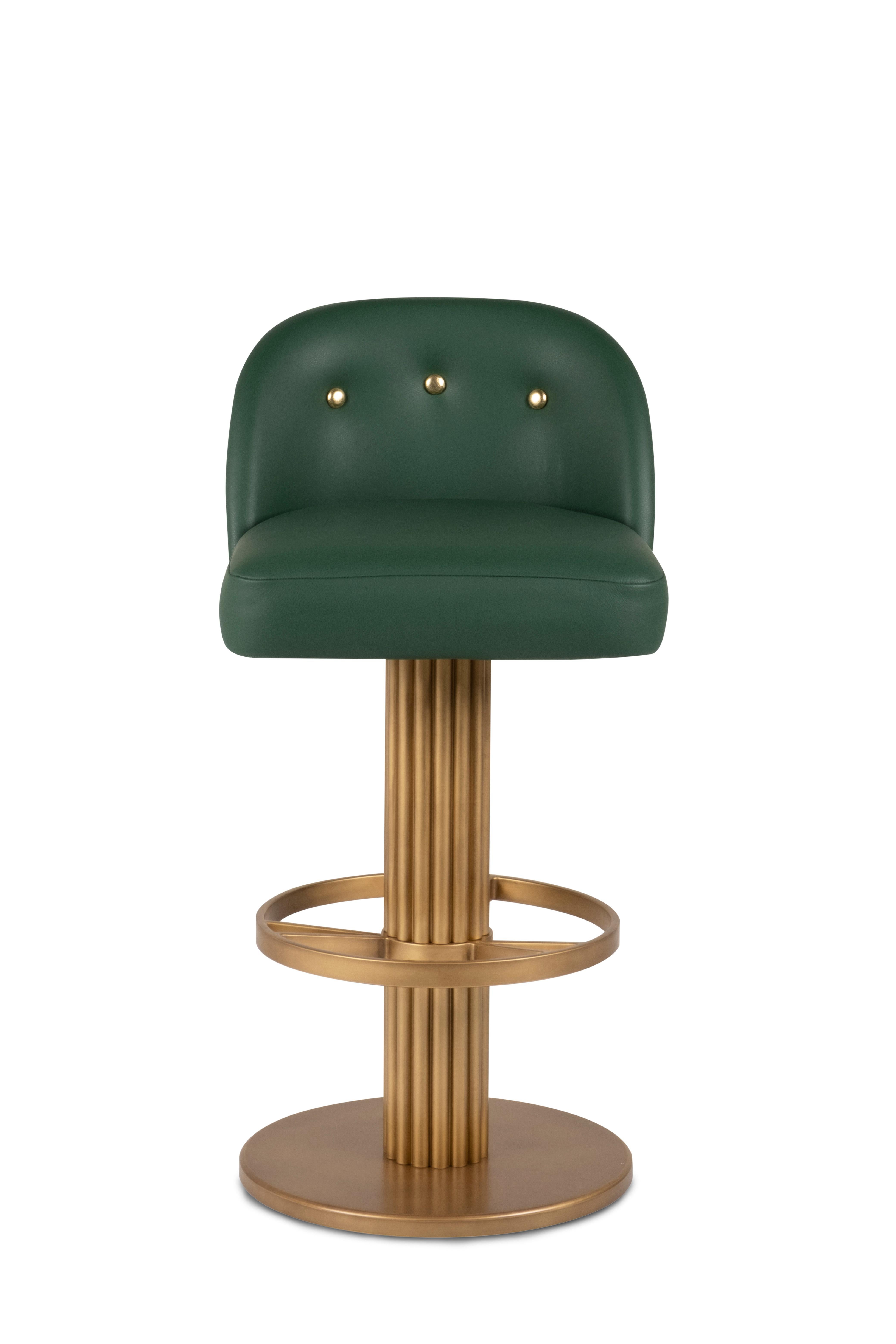 Portuguese Art Deco Flute Bar Stool, Emerald Leather, Handmade in Portugal by Greenapple For Sale