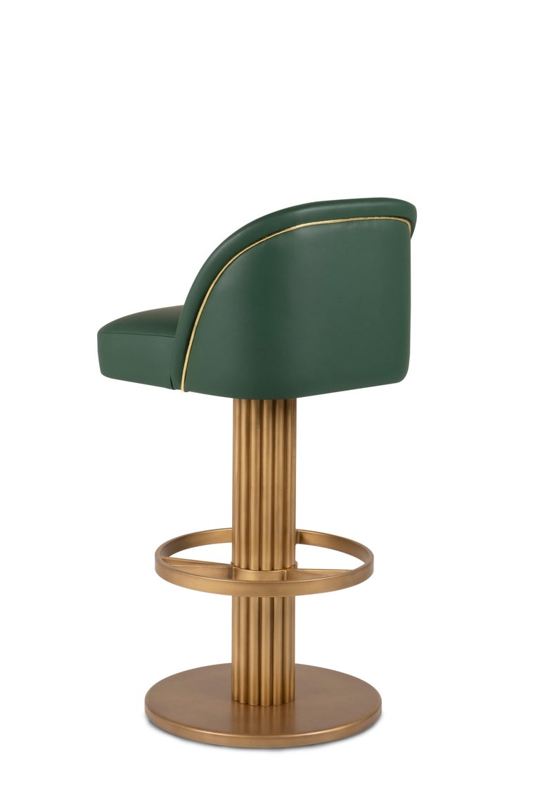 Art Deco Flute Bar Stool, Emerald Leather, Handmade in Portugal by