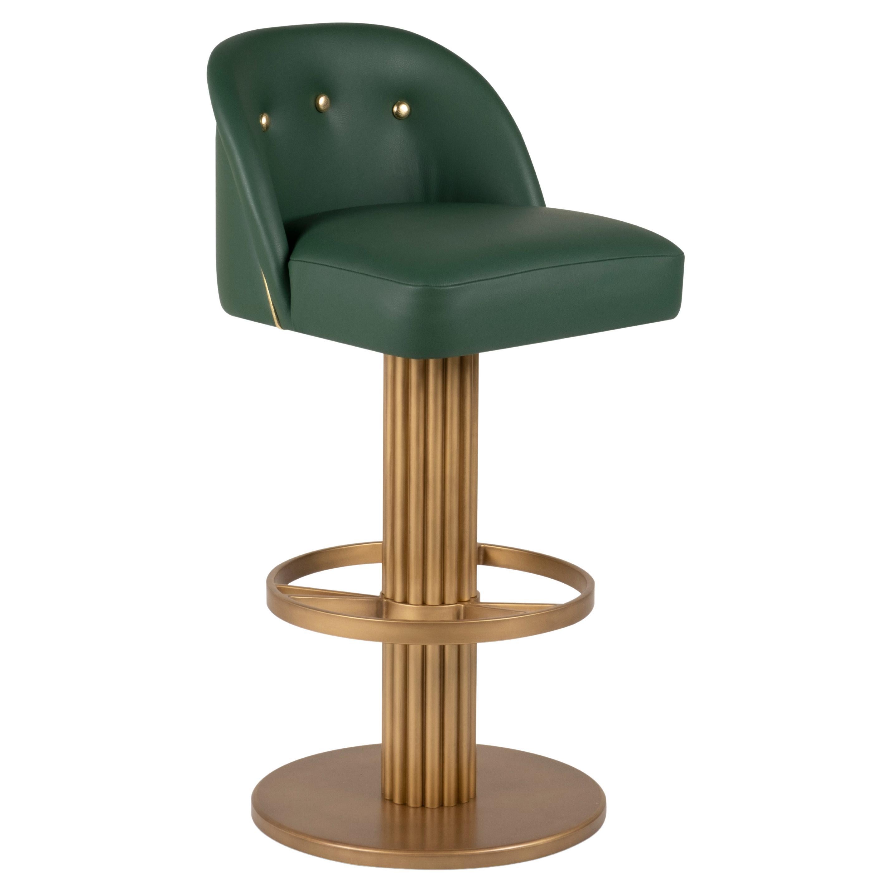 Tabouret de bar Art Déco Flute, cuir émeraude, fabriqué à la main au Portugal par Greenapple en vente