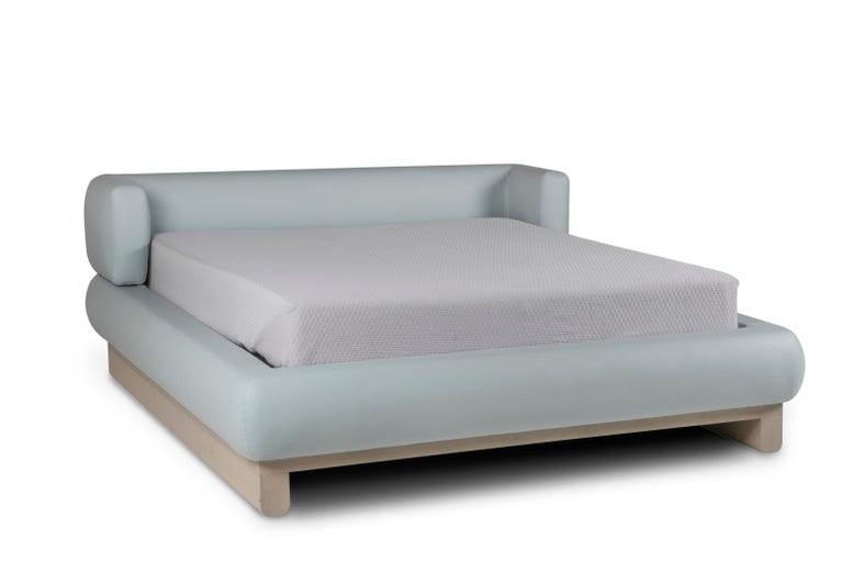 Hand-Crafted Greenapple Bed, Hug Bed, Light Blue Italian Leather, Handmade in Portugal For Sale