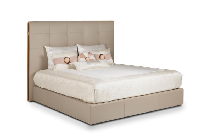 Modern Midnight Bed, Beige Italian Leather, Handmade in Portugal by