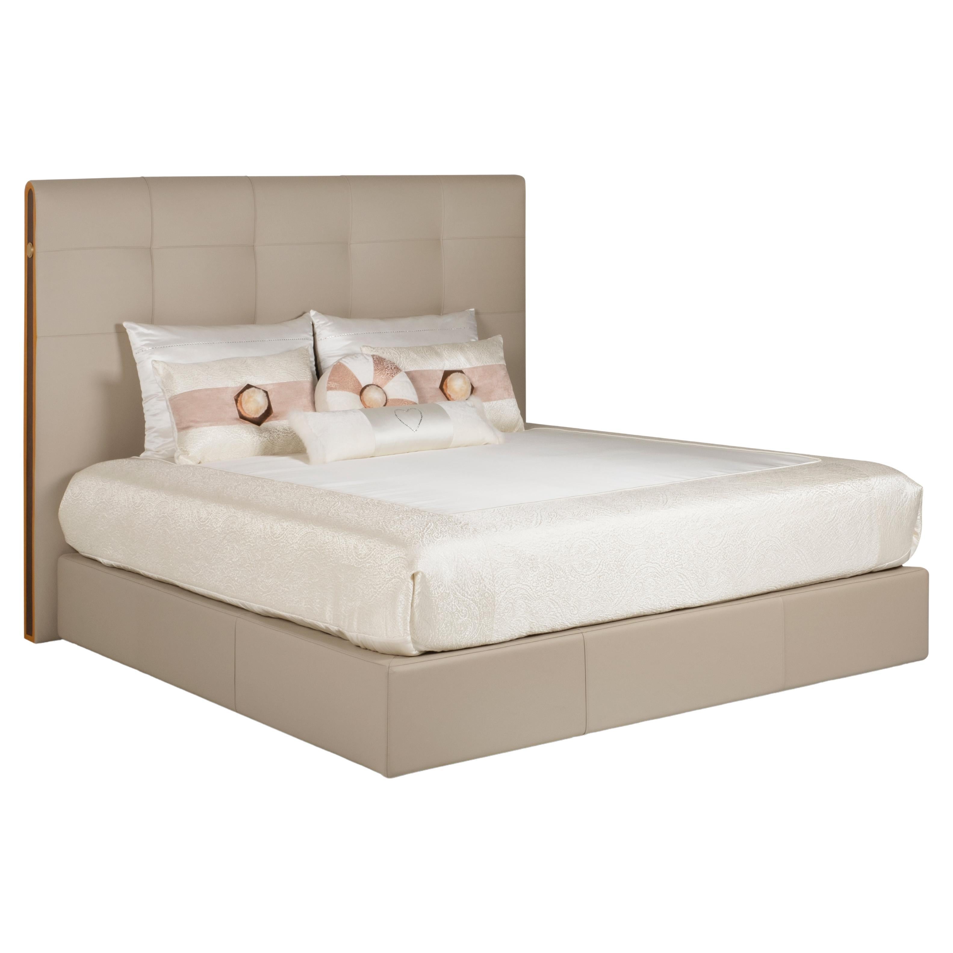 Modern Midnight Bed, Beige Italian Leather, Handmade in Portugal by Greenapple For Sale