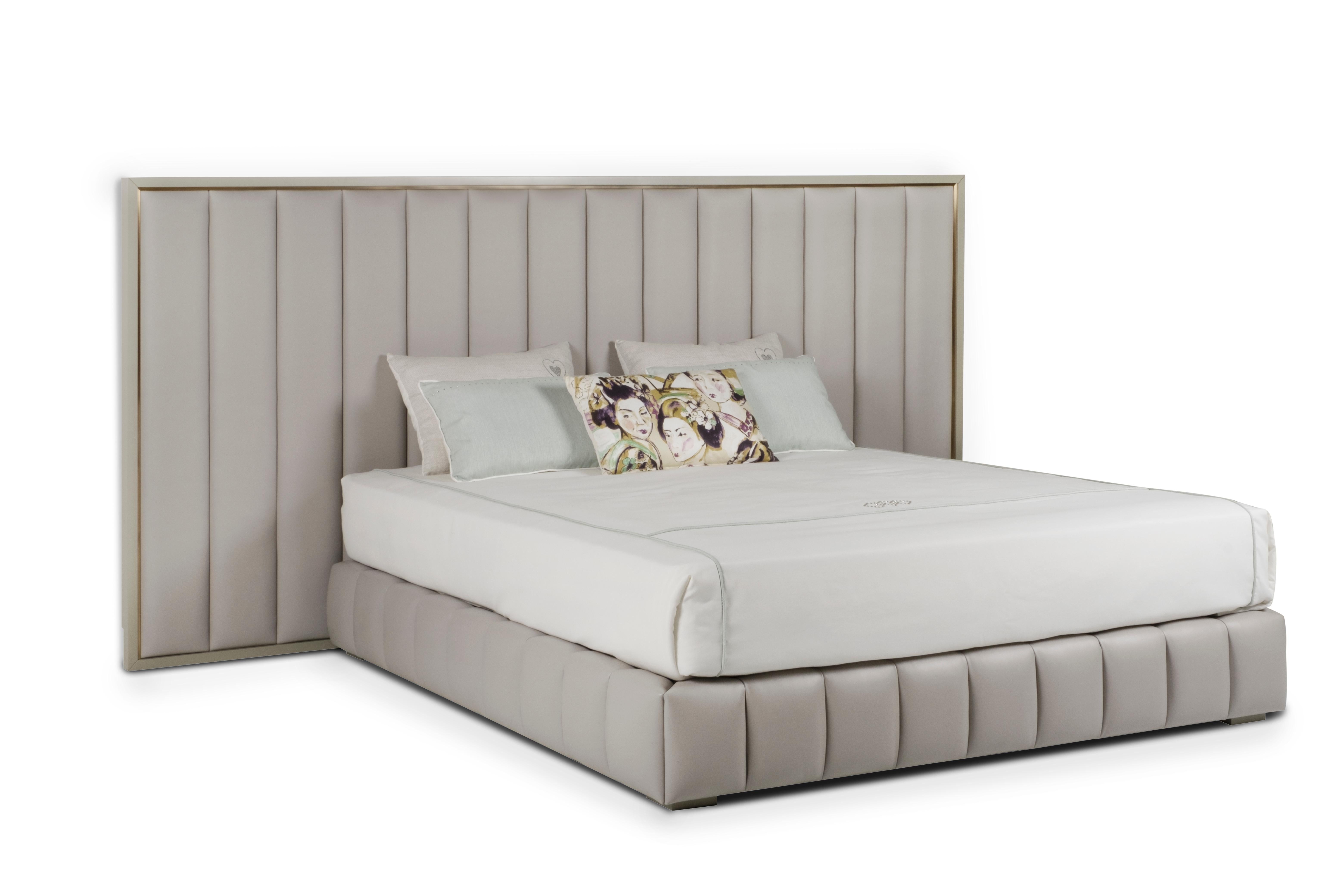 Lacquered Modern Ribbon Bed Grey Italian Leather Handmade in Portugal by Greenapple For Sale