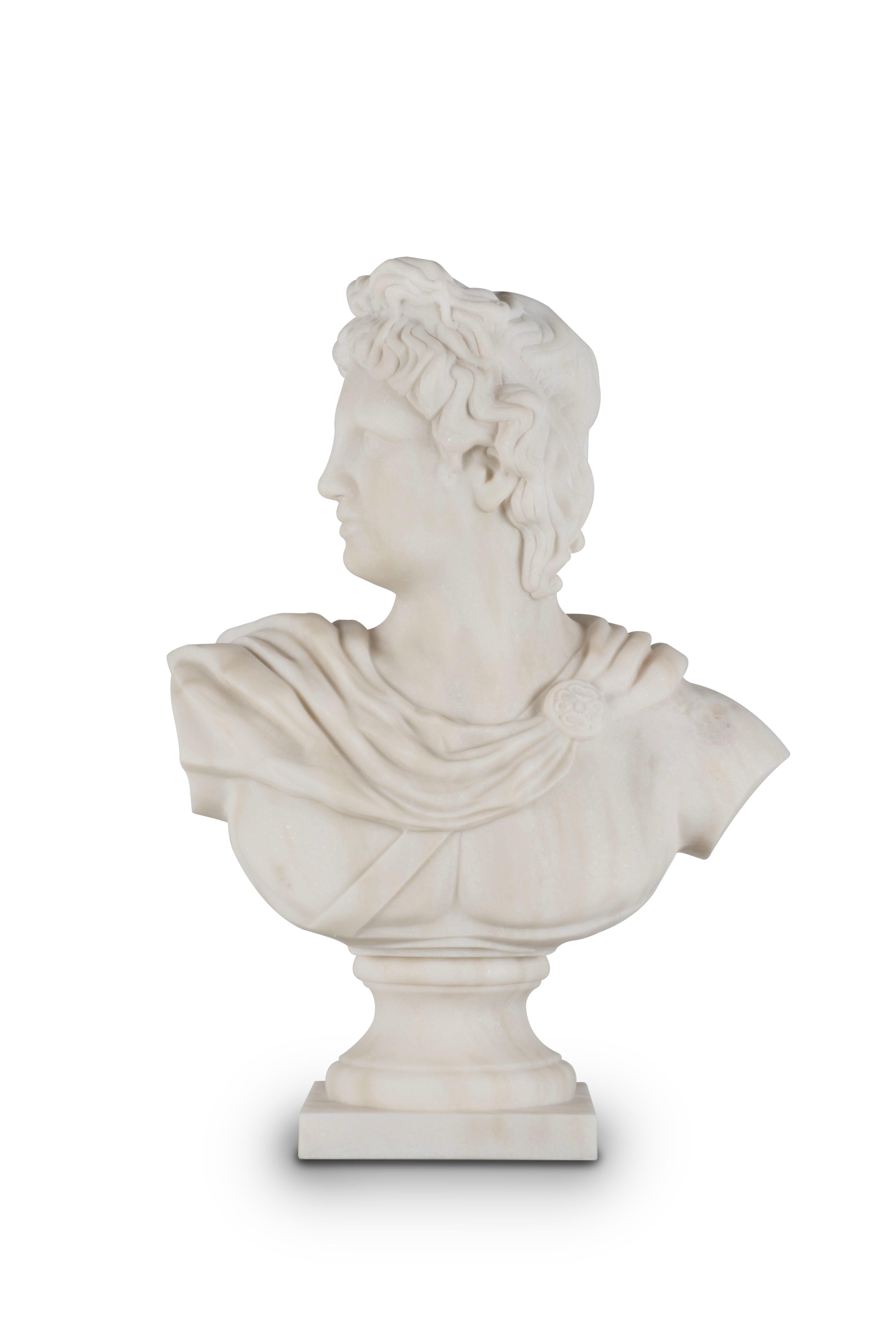 Hand-Carved Modern Apolo Bust Sculpture Piece Calacatta Marble, Handmade Portugal Greenapple For Sale