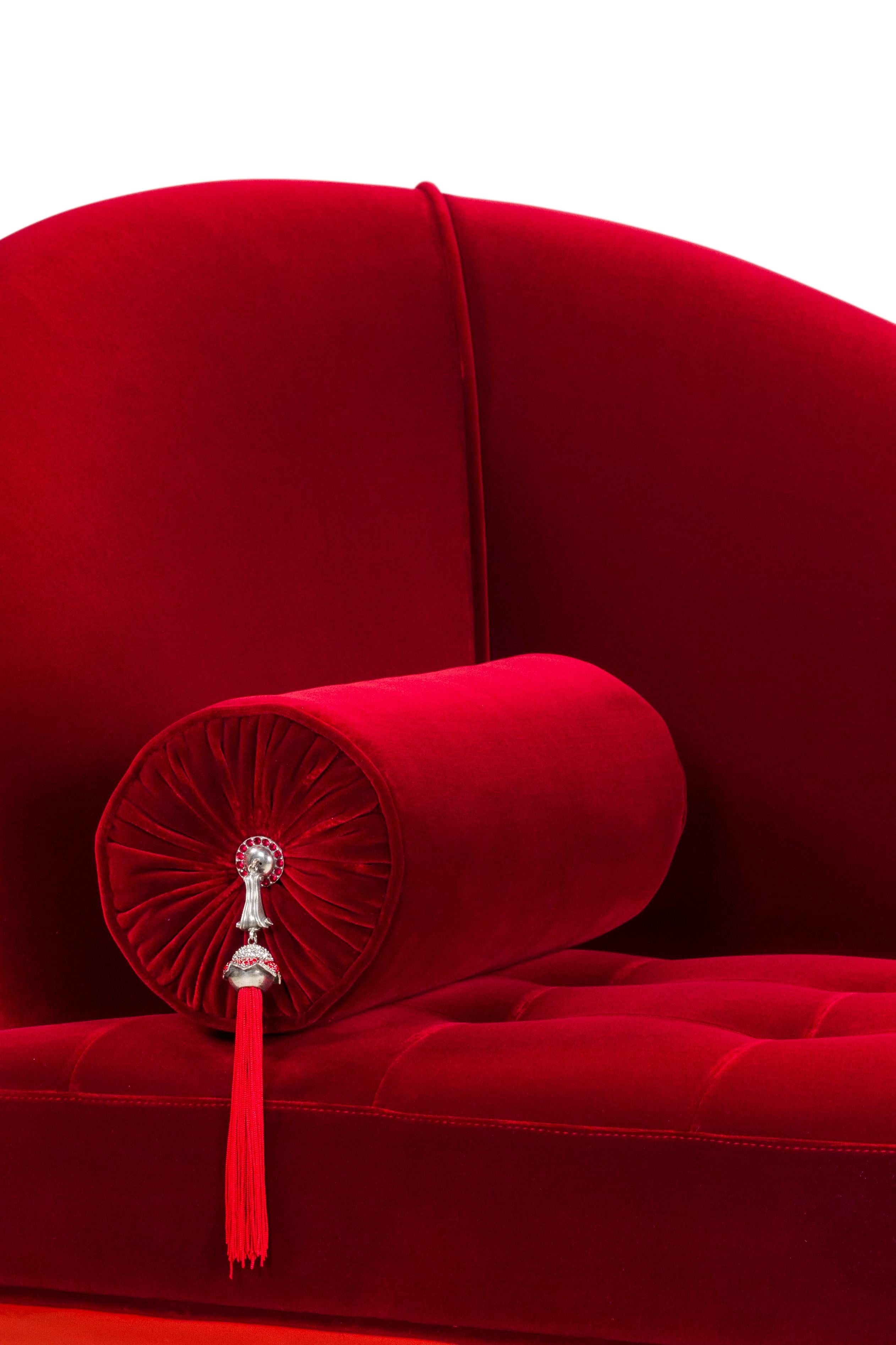 Portuguese Art Deco Sumy Chaise Longue DEDAR Red Cotton Velvet Handmade Portugal Greenapple For Sale