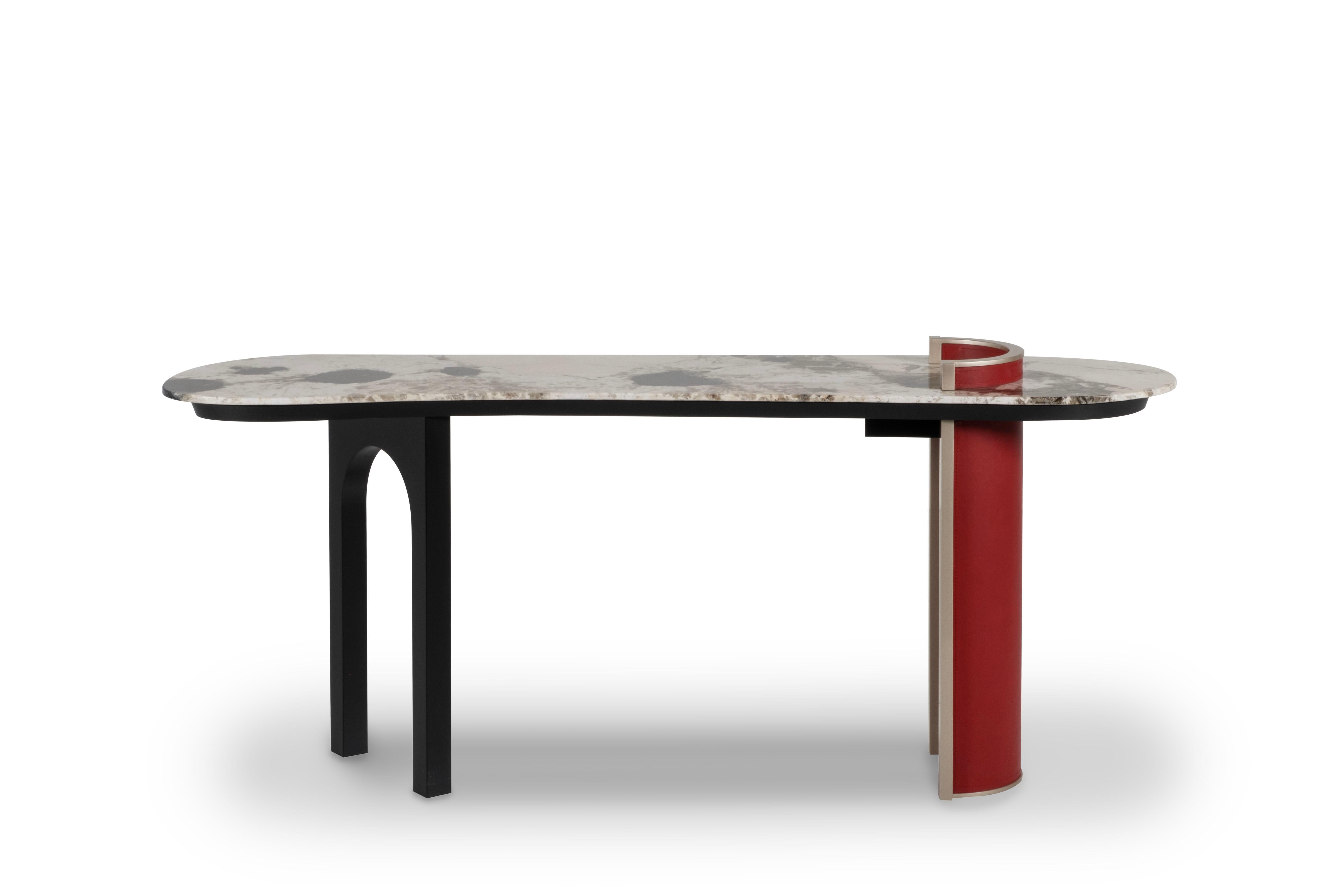 Contemporary Modern Chiado Console Table, Red Leather, Stone, Handmade Portugal by Greenapple For Sale