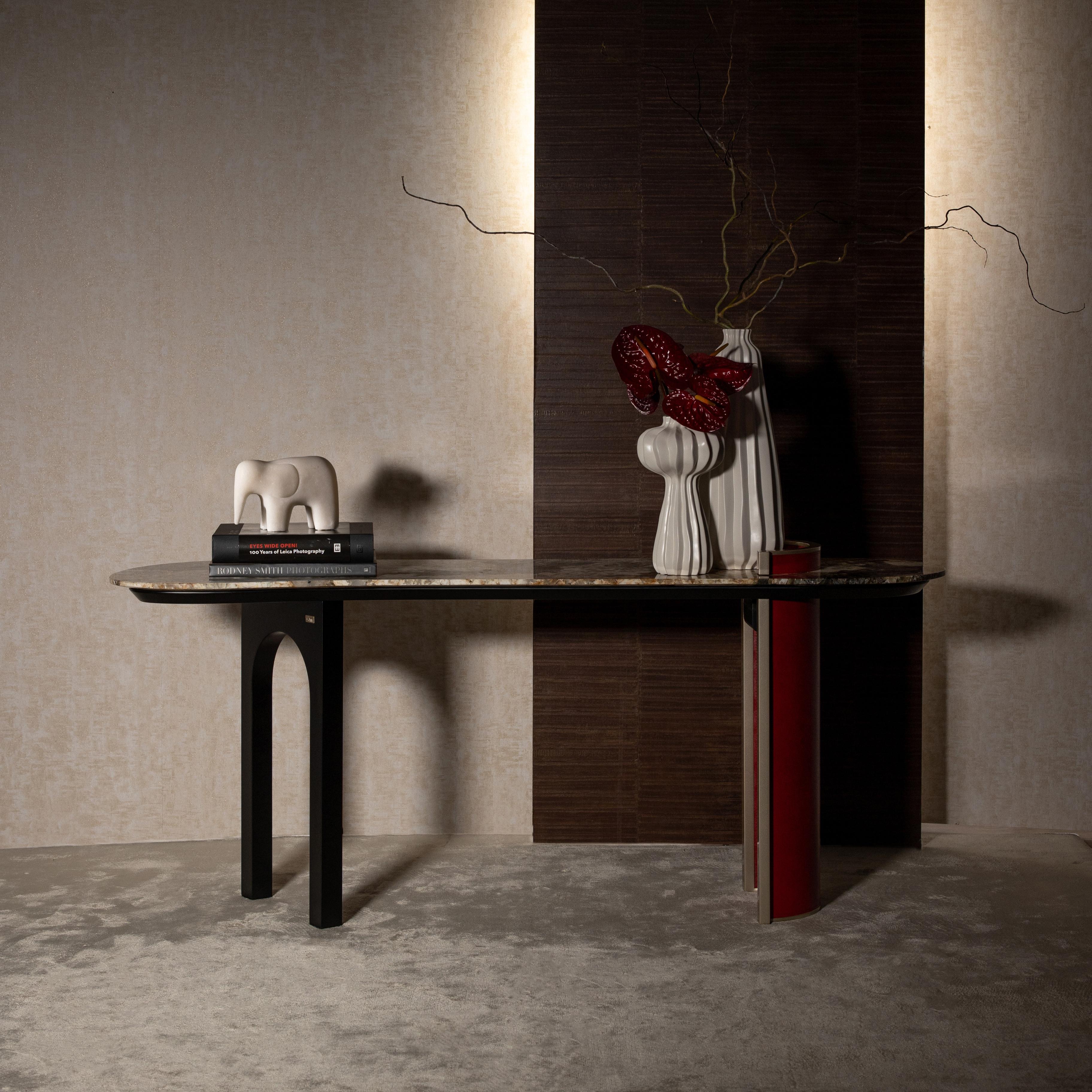 Poli Table console moderne Chiado, cuir rouge, pierre, fabriquée à la main au Portugal par Greenapple en vente