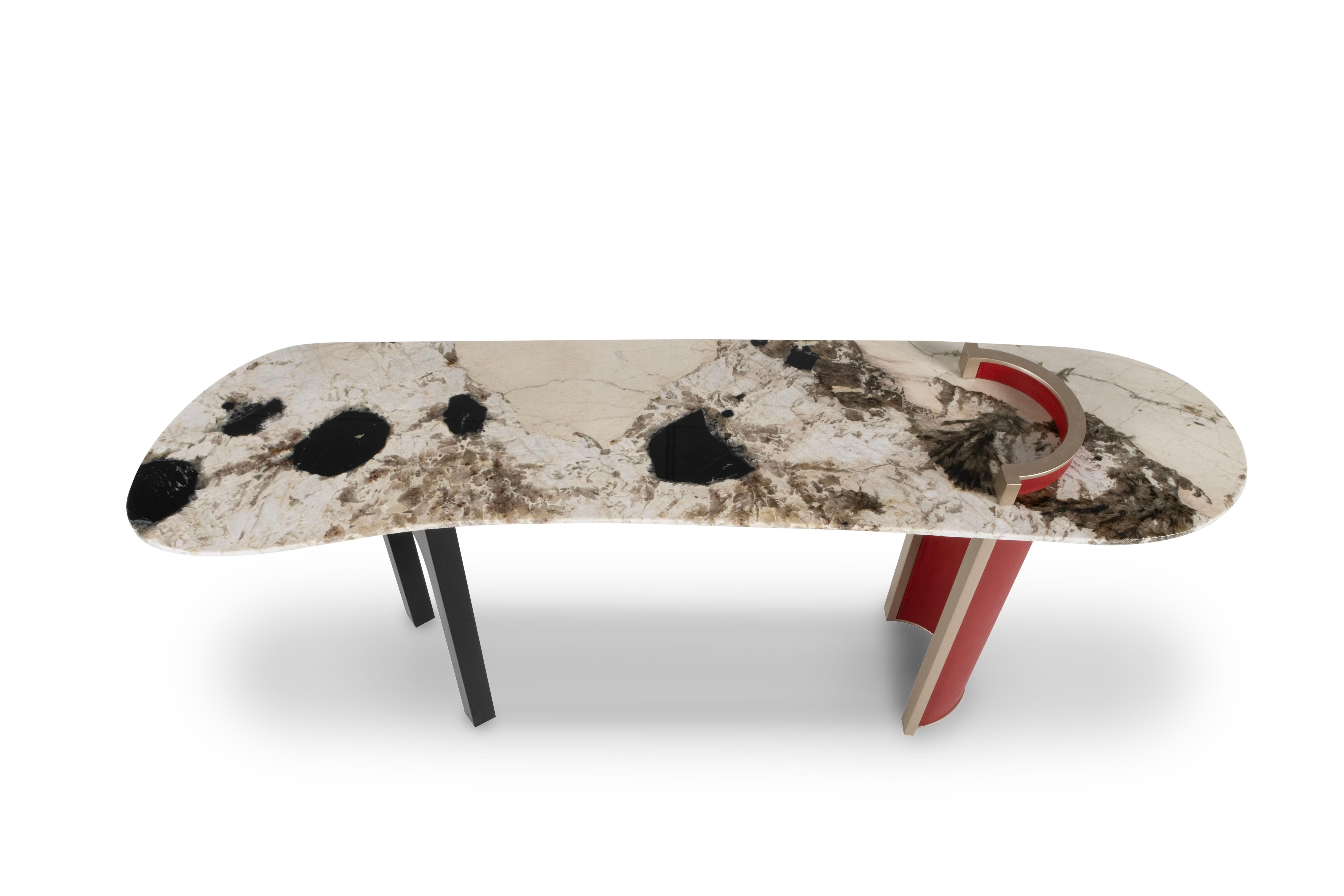 Modern Chiado Console Table, Red Leather, Stone, Handmade Portugal by Greenapple For Sale 4