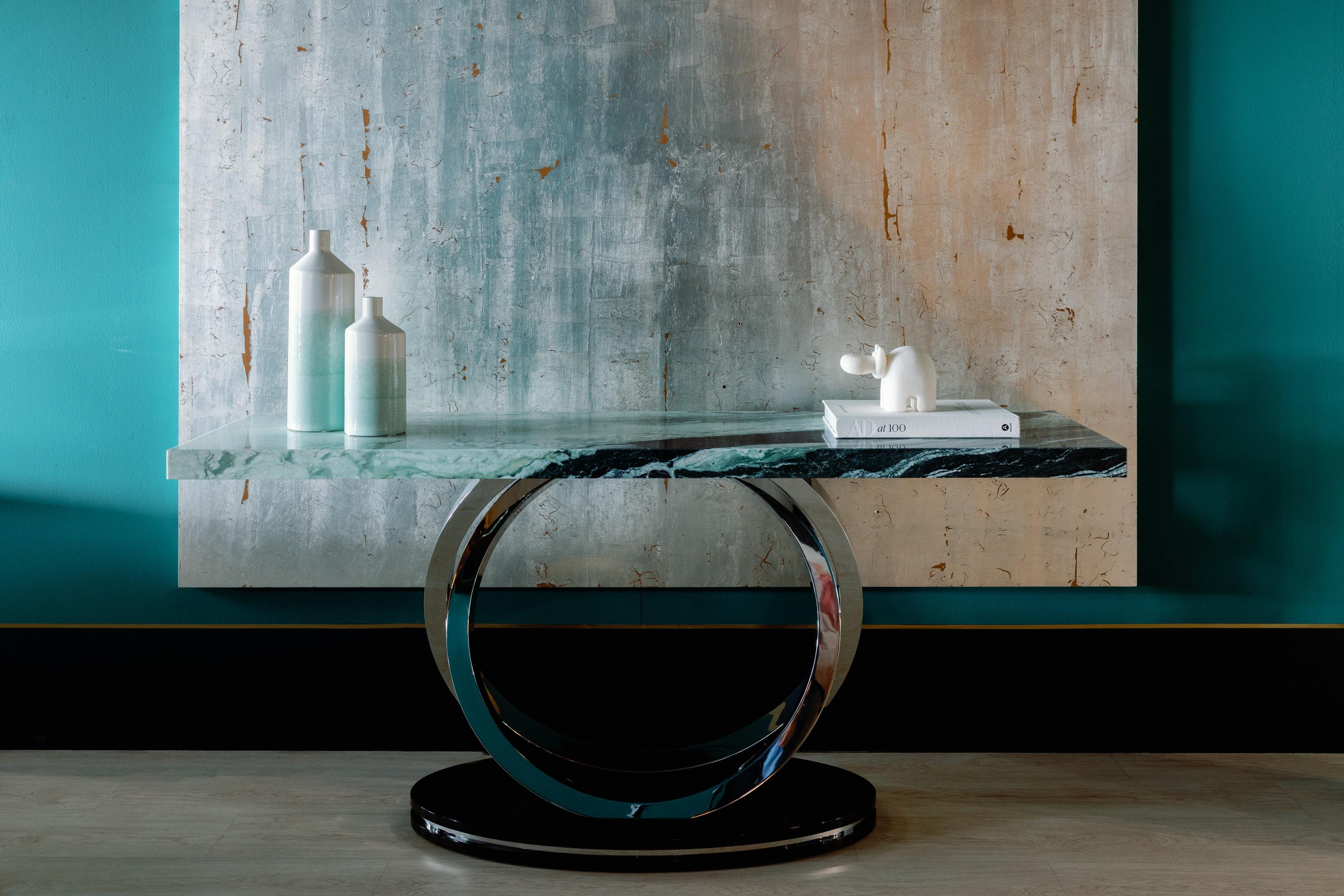 Stainless Steel Modern Armilar Console Table, Green Marble, Handmade in Portugal by Greenapple For Sale