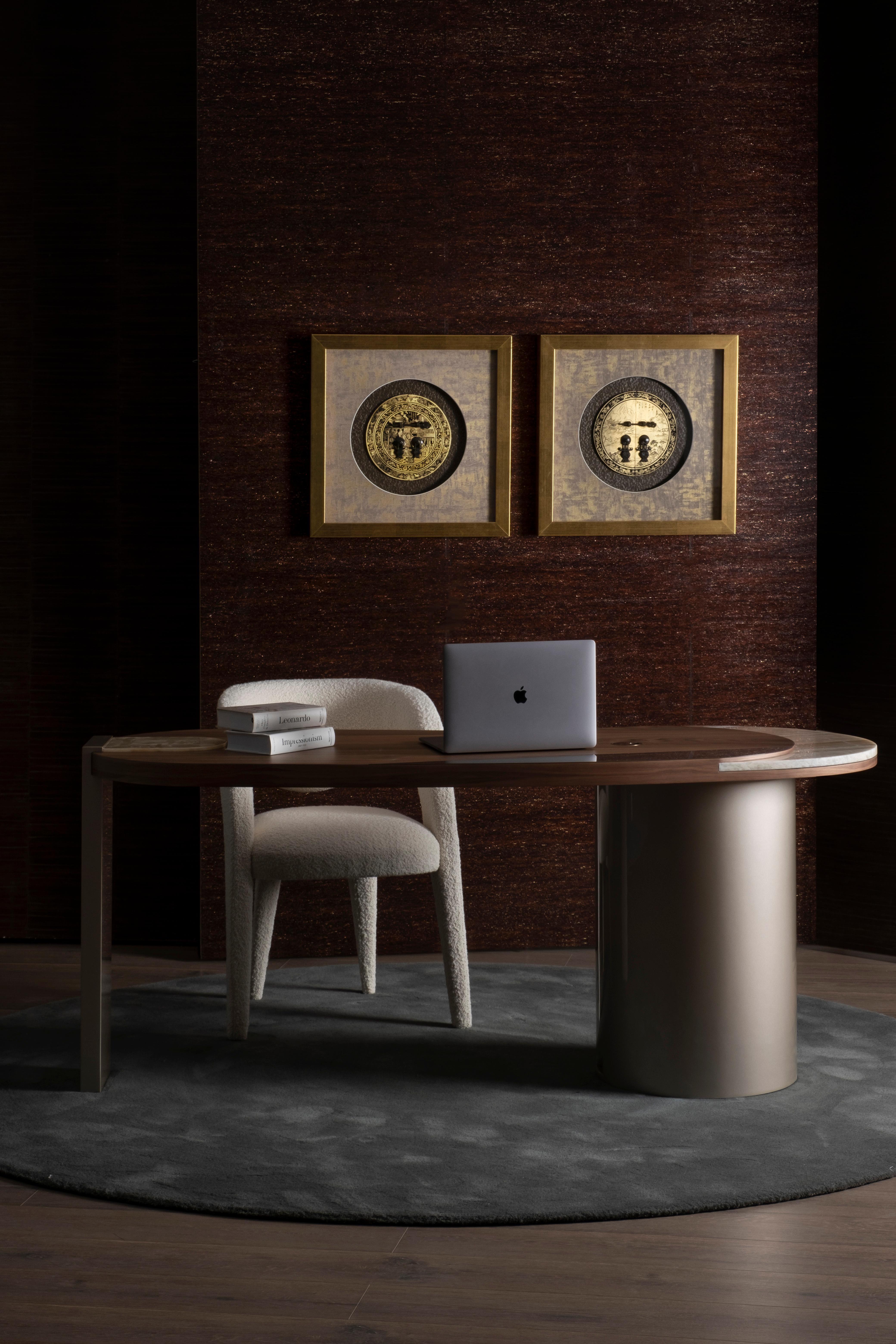 Contemporary Organic Modern Armona Desk, Walnut Brass Onyx, Handmade Portugal by Greenapple For Sale