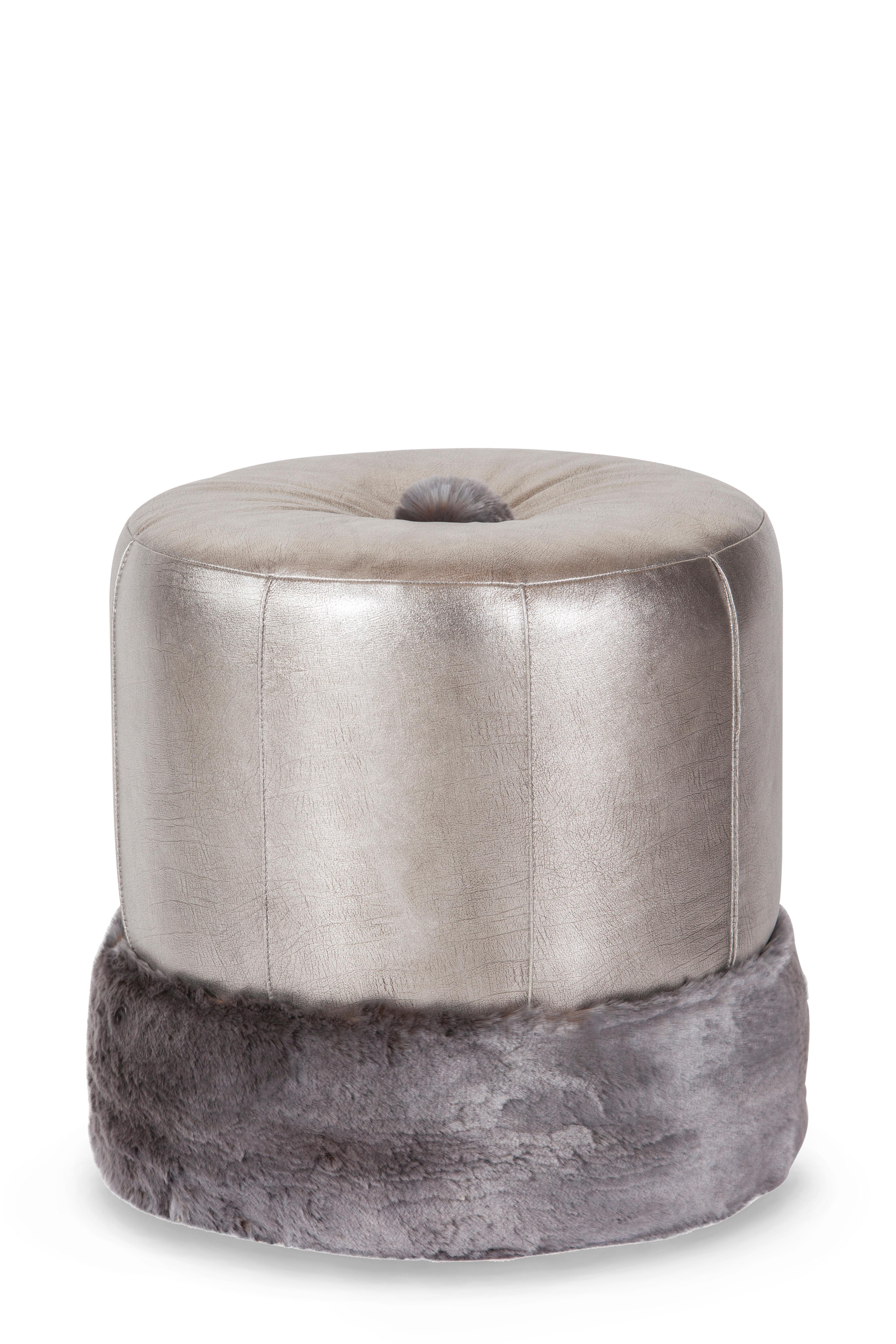 Adonis Pouf, Modern Collection, Handcrafted in Portugal - Europe by GF Modern.

A comfy pouf stool with a Mediterranean touch. Upholstered in grey dyed leather and grey faux fur, Adonis matches its name. Destined to beautify in any of its