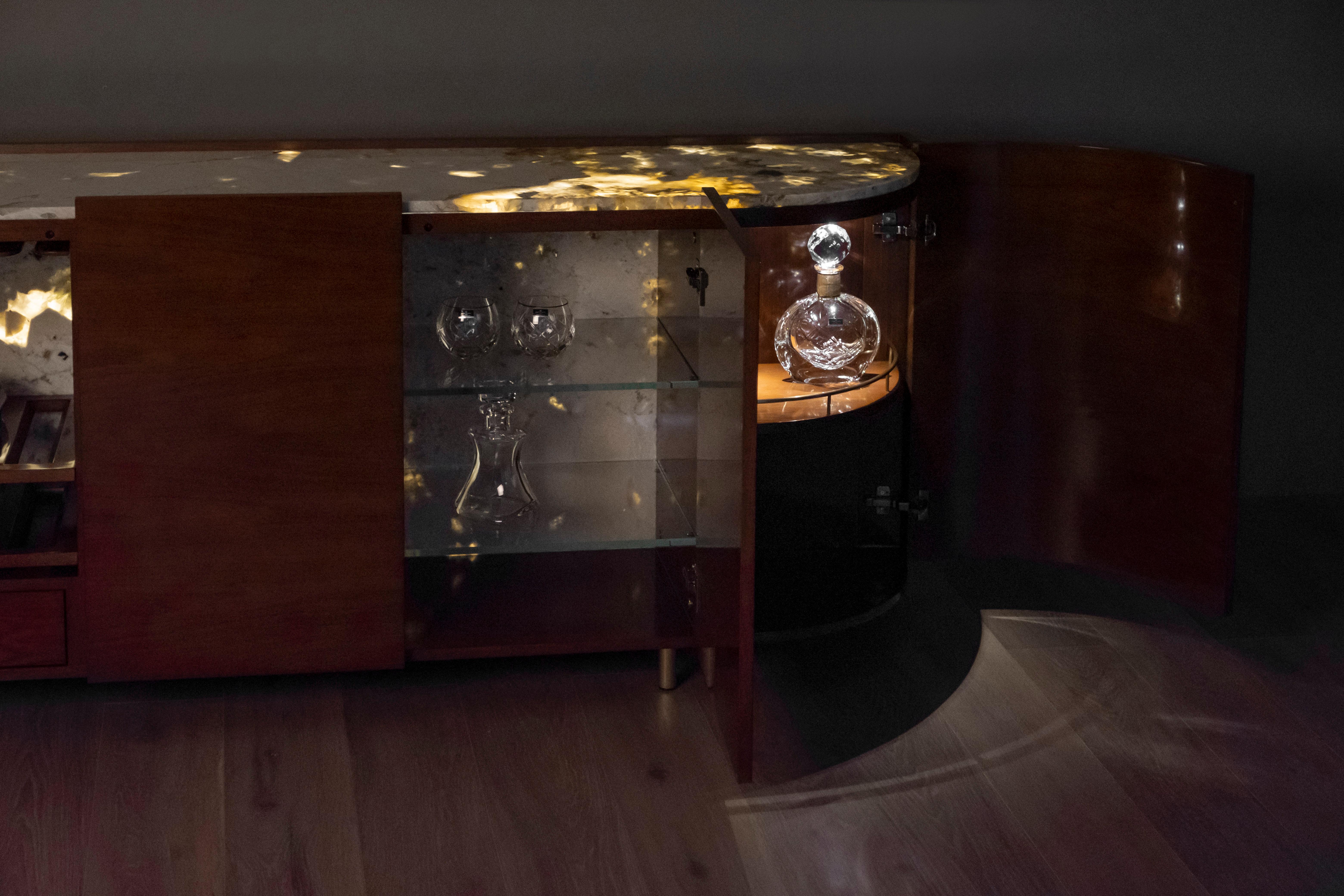 Copper Mid-Century Modern Olival Cocktail Cabinet, Patagonia Stone, Handmade Greenapple For Sale