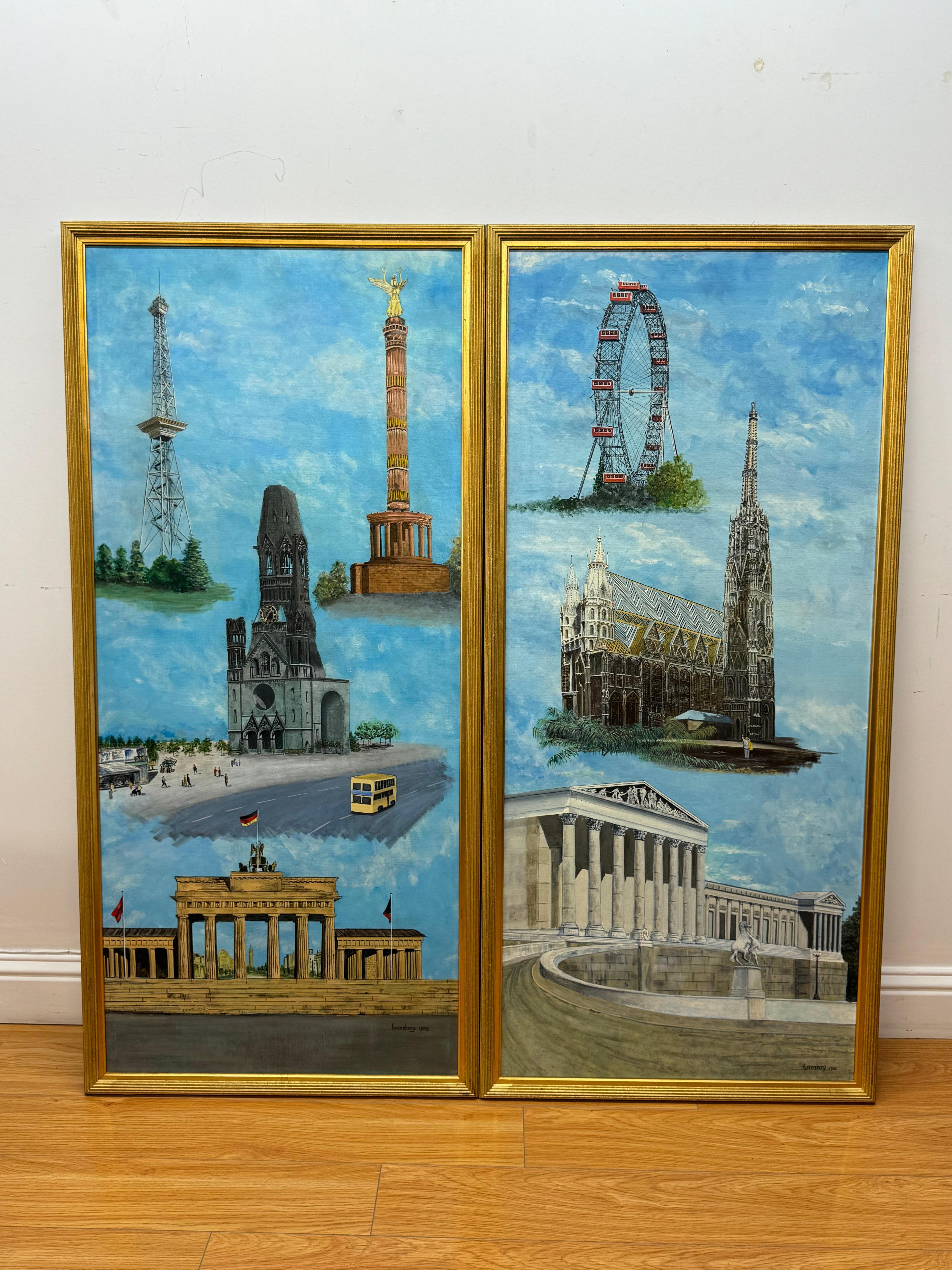 Greenberg Landscape Painting - Pair of Berlin & Vienna Landmarks Oil Paintings, 1988