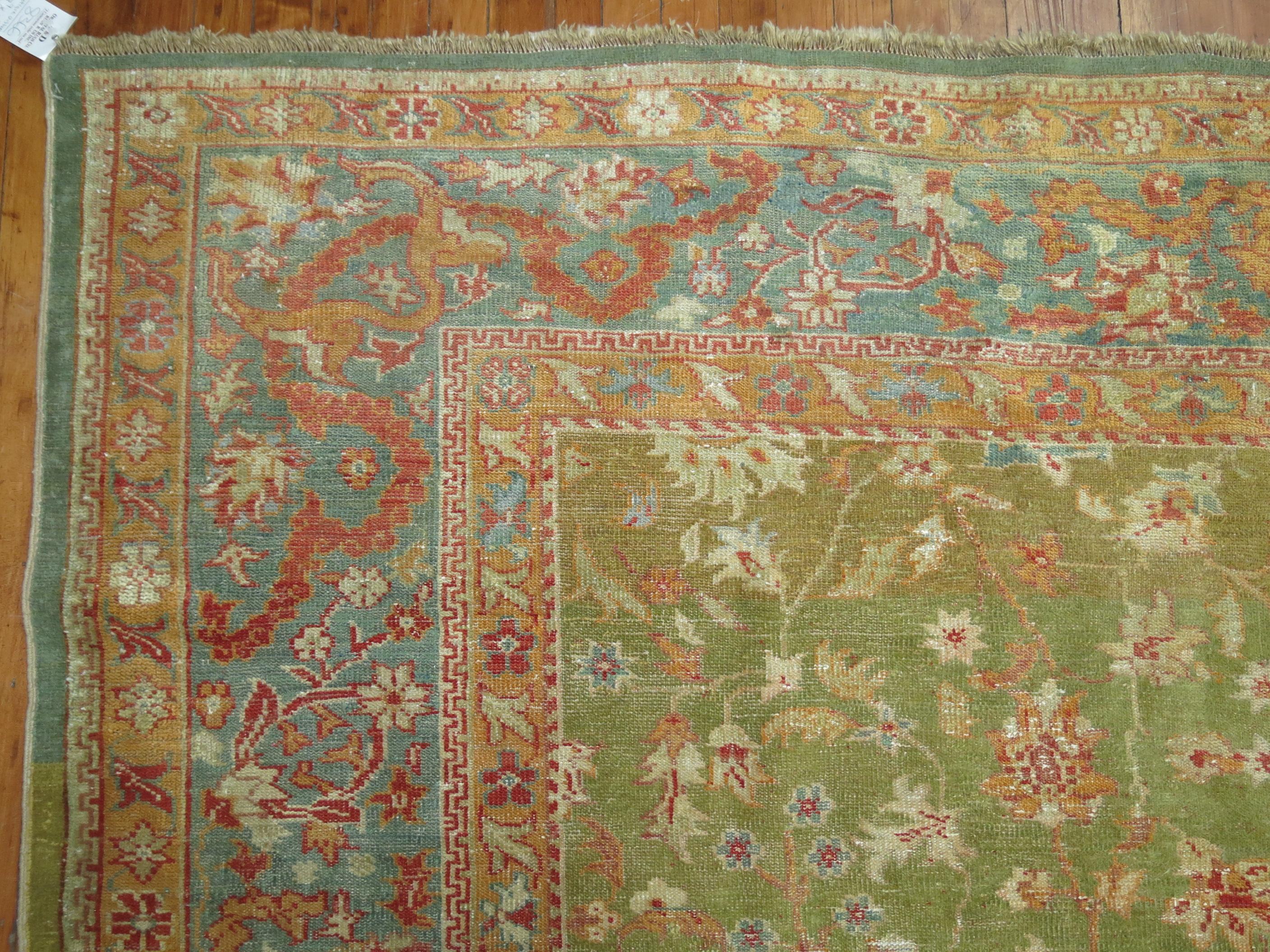 20th Century Greenery Antique Turkish Oushak Rug For Sale