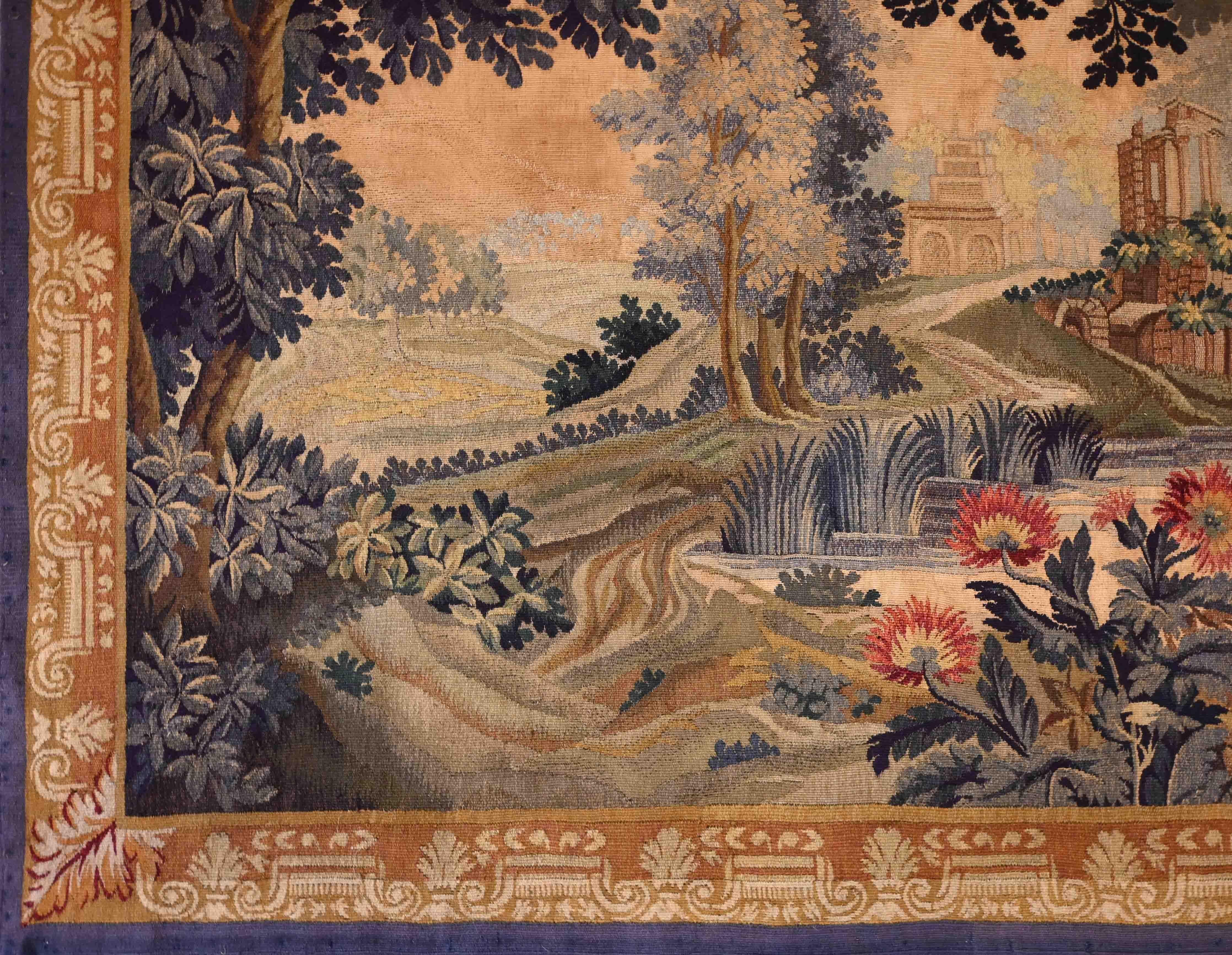 Hand-Woven Greenery French Aubusson Tapestry 19th century - L1m76xH1m48 - No. 1384 For Sale
