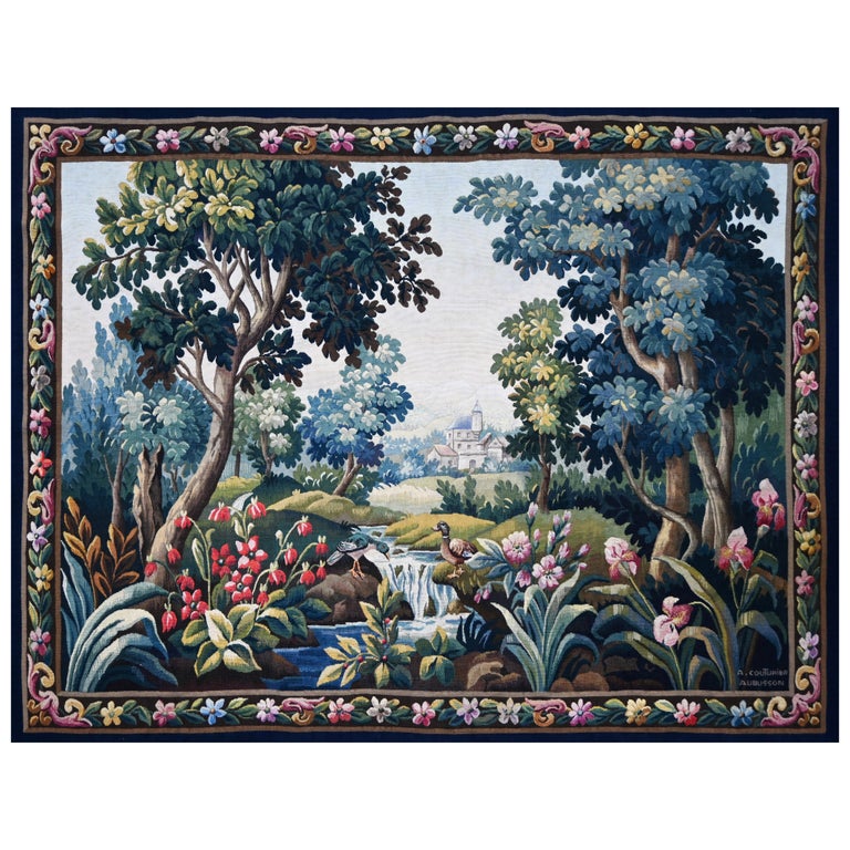 Grüner Wandteppich Signiert Manufacture Aubusson 19. Jahrhundert - L165xh120cm