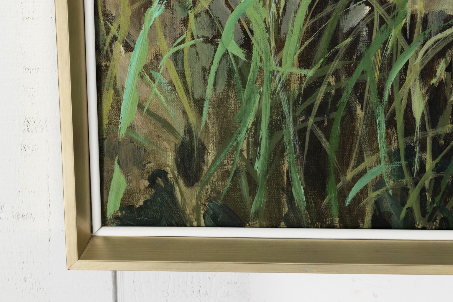 Oil on canvas painting of a foliaged greenhouse in a custom silver metal frame, circa 1970. Signed by the artist in the bottom corner.
