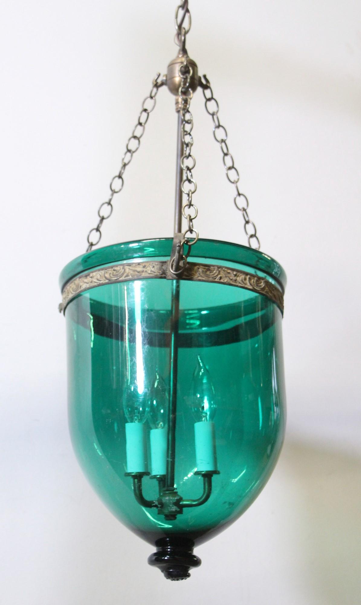 Greenish Blue Glass Bell Jar Pendant Light Brass Hardware In Good Condition In New York, NY