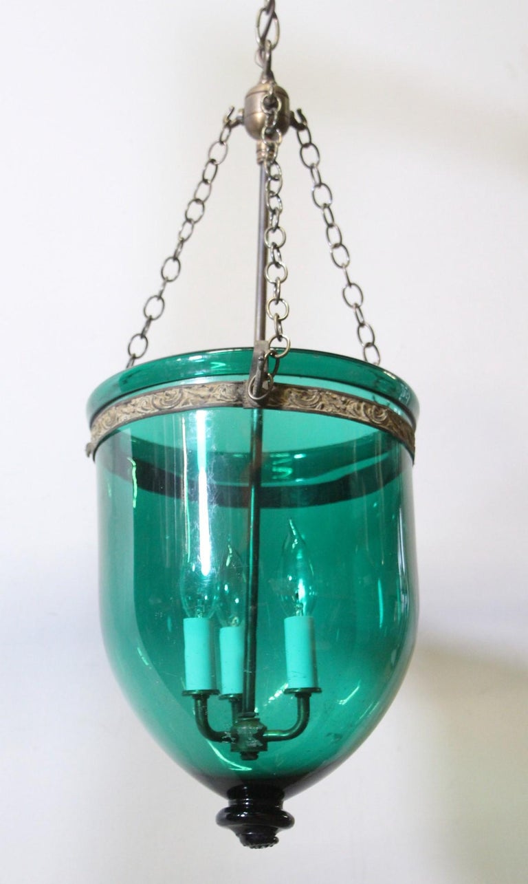Greenish Blue Glass Bell Jar Pendant Light Brass Hardware For Sale at