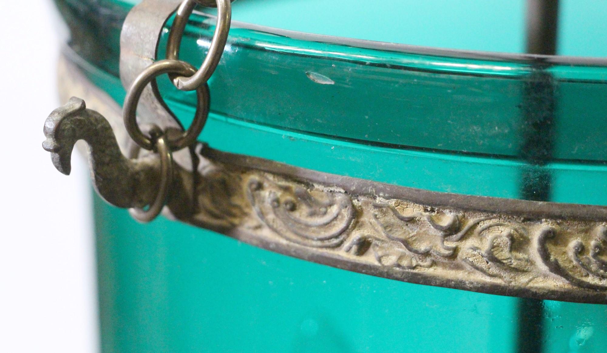 20th Century Greenish Blue Glass Bell Jar Pendant Light Brass Hardware